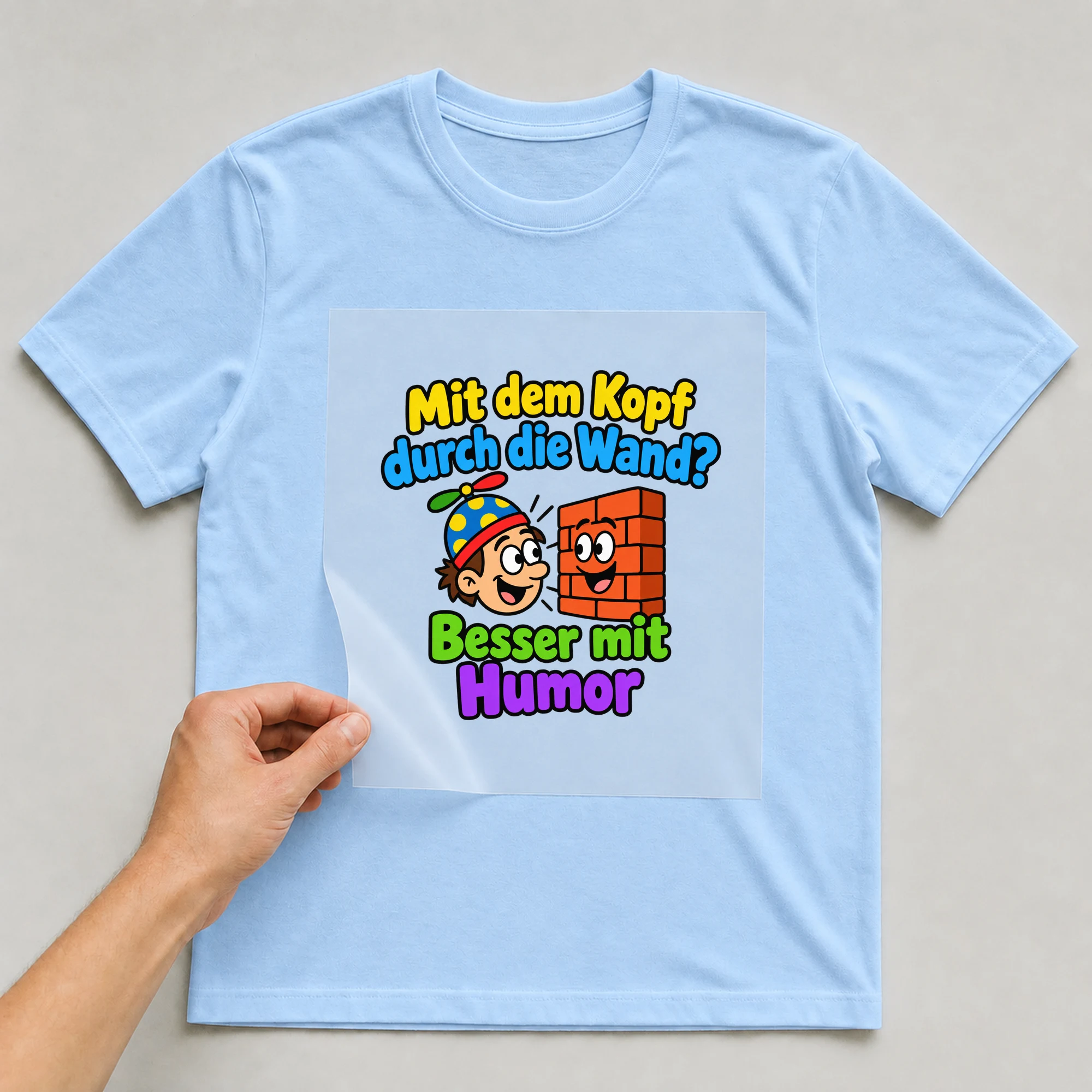 Bügelbild „Mit dem Kopf durch die Wand? Besser mit Humor“ auf babyblauem T-Shirt, Folie wird aufgelegt