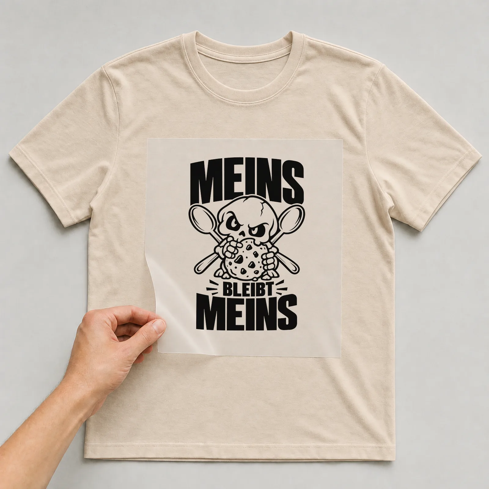 Bügelbild „Meins bleibt meins“ auf beigem T-Shirt, Folie wird aufgelegt