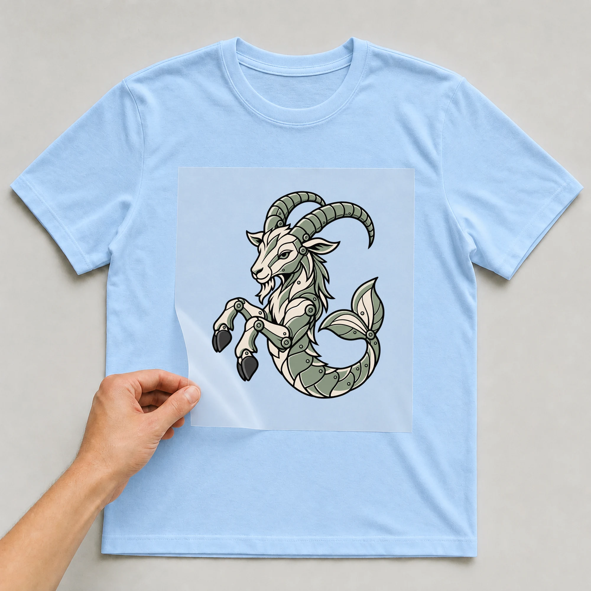Bügelbild „Mecha Roboter Sternzeichen Steinbock“ auf babyblauem T-Shirt, Folie wird aufgelegt