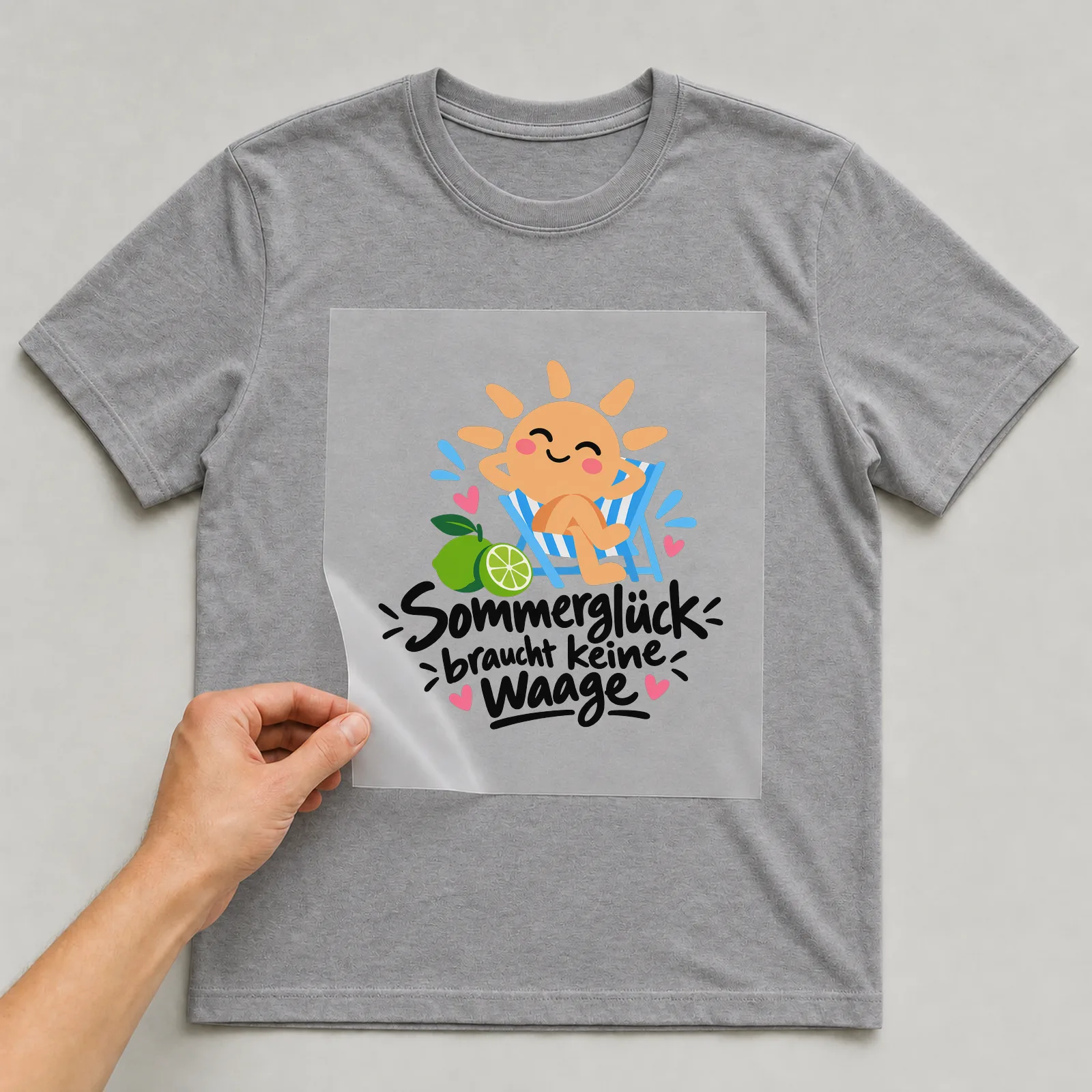 Bügelbild „Sommerglück braucht keine Waage“ auf grauem T-Shirt, Folie wird aufgelegt