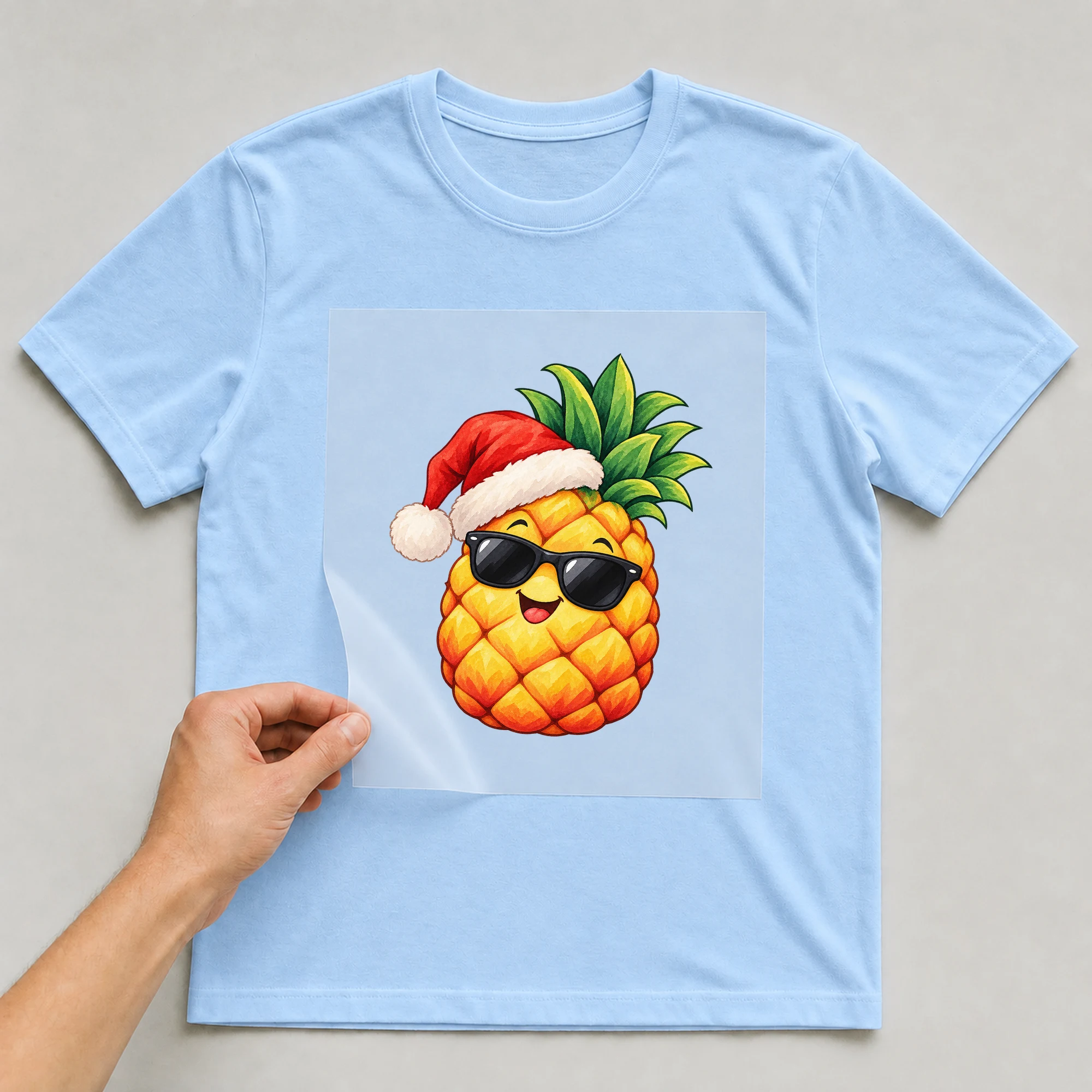 Bügelbild „Santa Ananas“ auf babyblauem T-Shirt, Folie wird aufgelegt