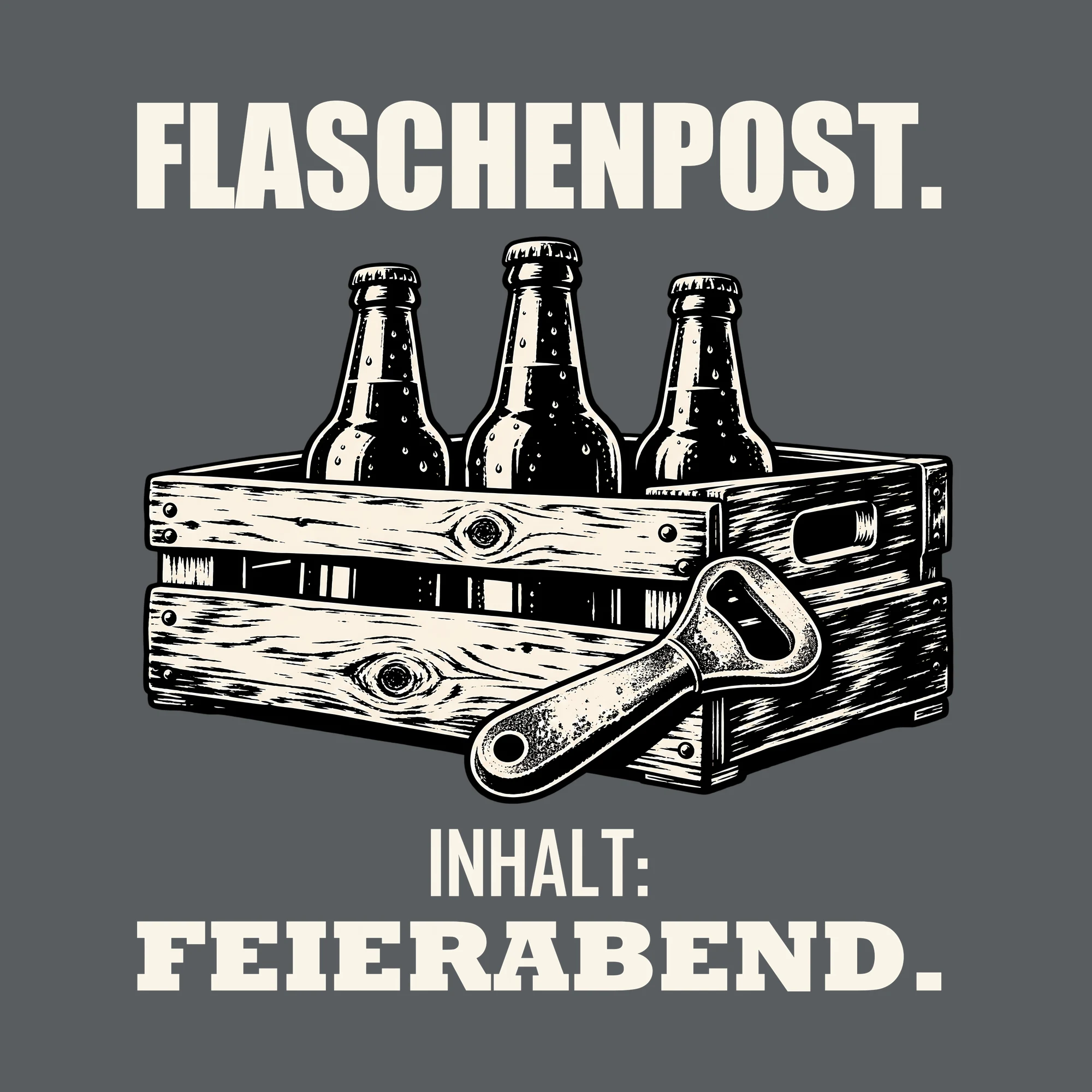 Bügelbild FLASCHENPOST. INHALT: FEIERABEND. als Grafik auf dunklem Hintergrund (BB011834)