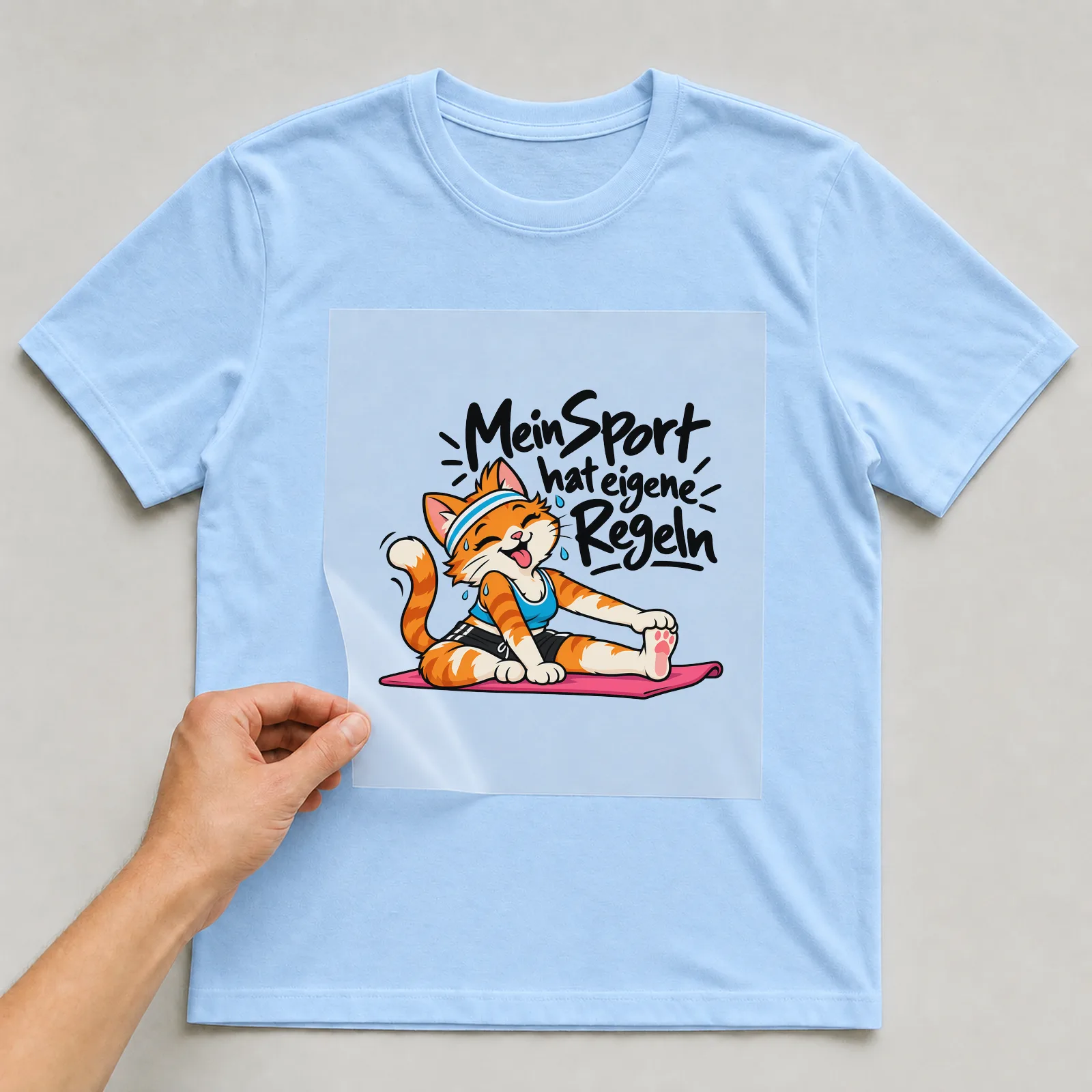 Bügelbild „Mein Sport hat eigene Regeln“ auf hellblauem T-Shirt, Folie wird aufgelegt