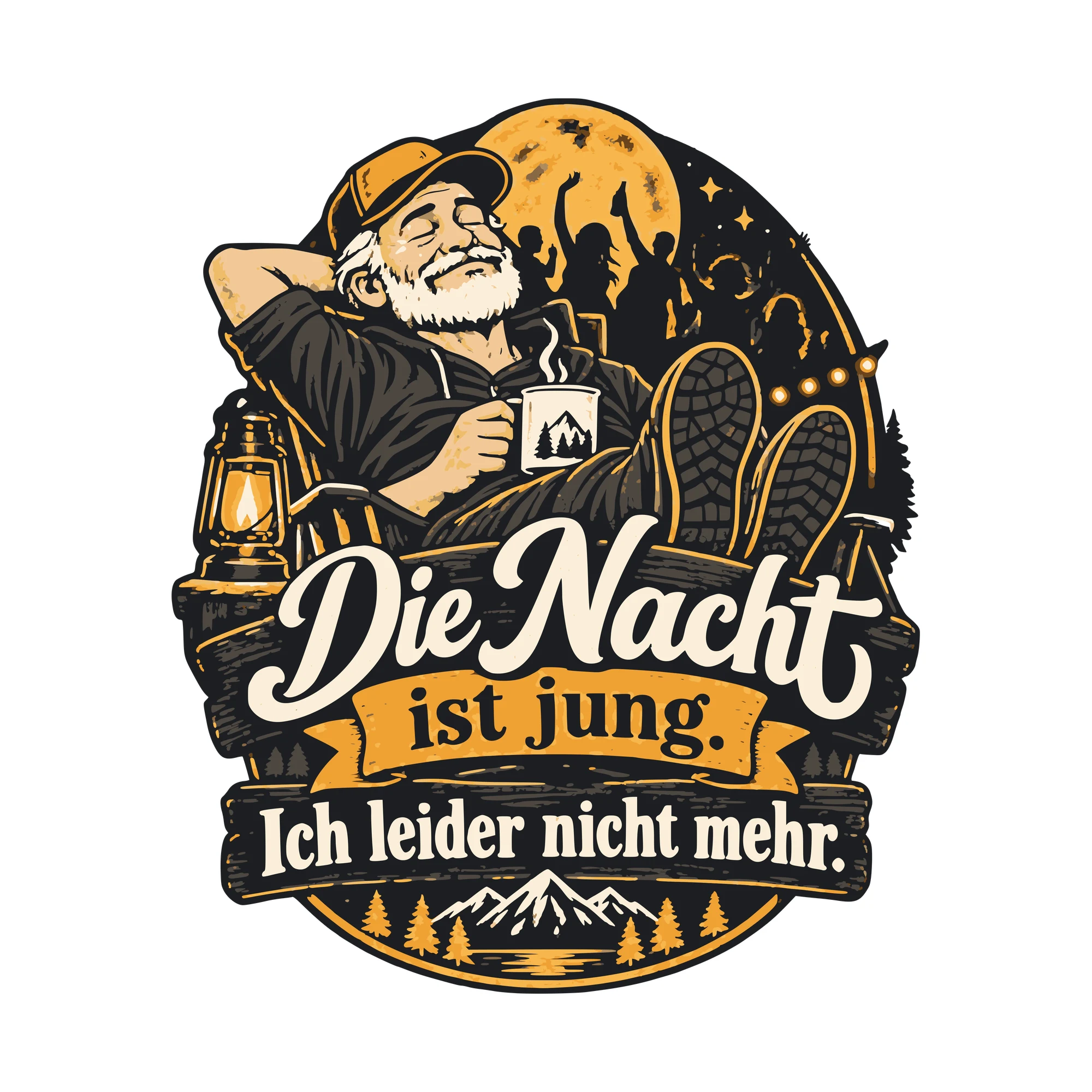 Bügelbild Die Nacht ist jung. Ich leider nicht mehr. als Grafik auf weißem Hintergrund (BB011090)