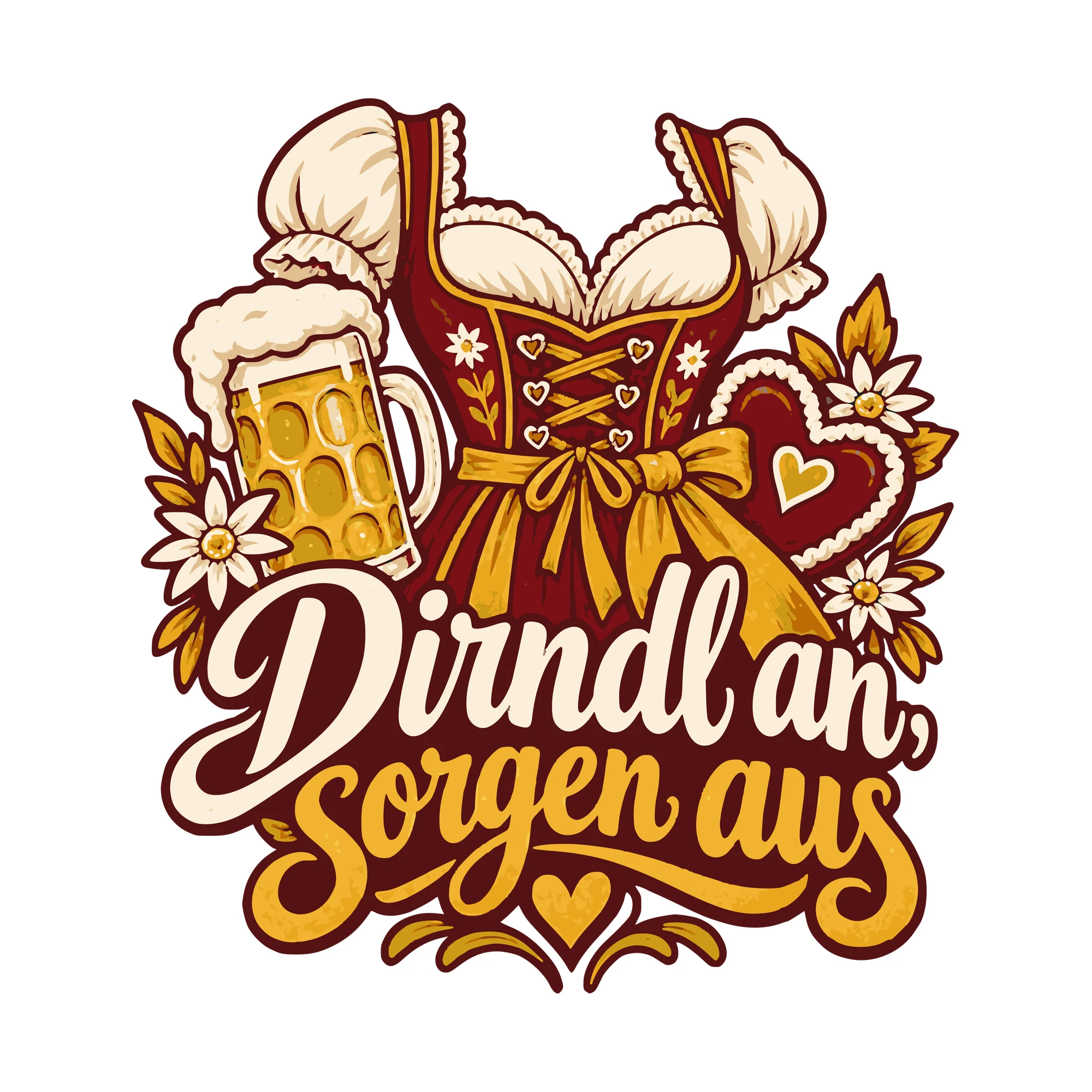 Bügelbild Dirndl an, Sorgen aus als Grafik auf weißem Hintergrund (BB011074)
