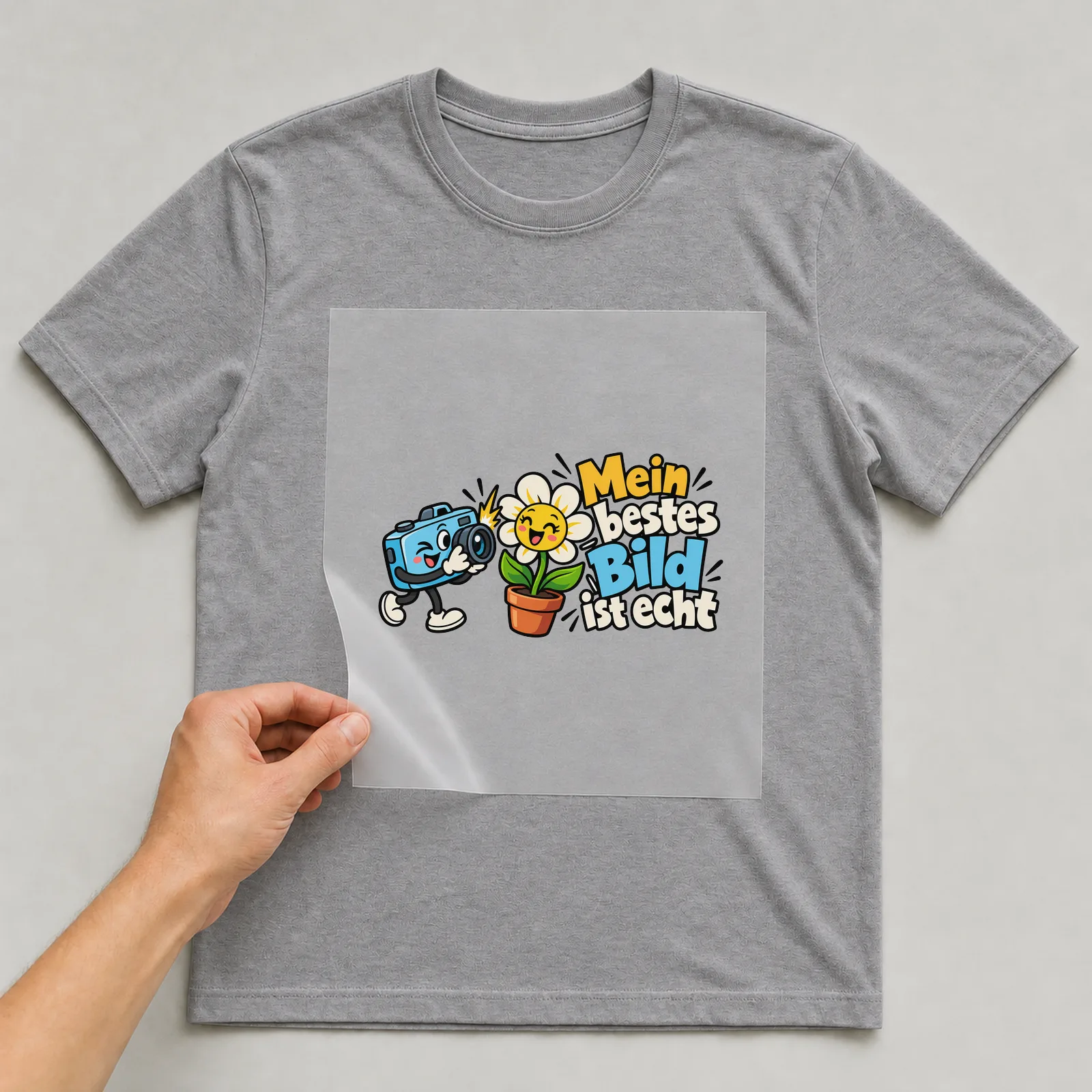 Bügelbild „Mein bestes Bild ist echt“ auf grauem T-Shirt, Folie wird aufgelegt