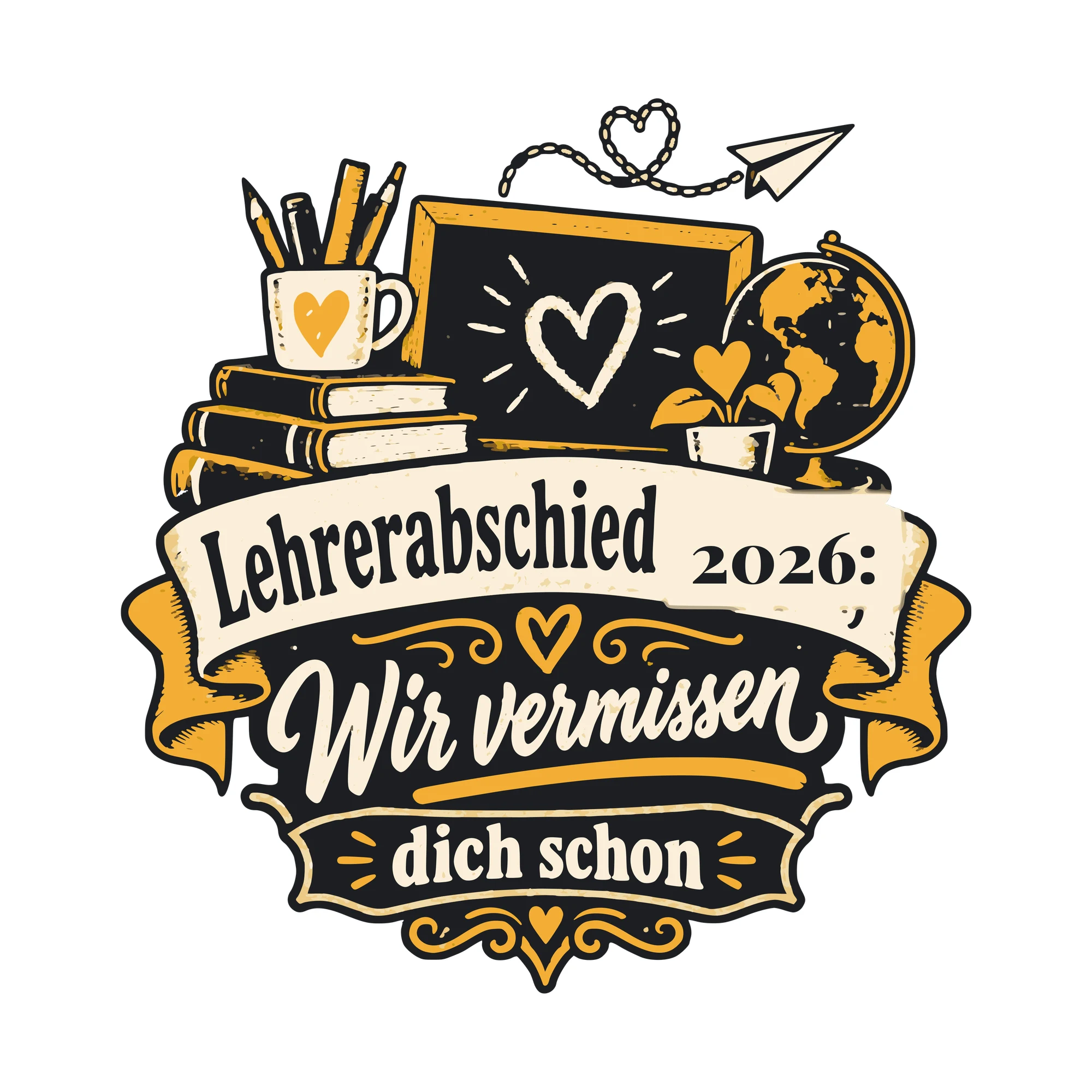 Bügelbild Lehrerabschied: Wir vermissen dich schon mit Jahr als Grafik auf weißem Hintergrund (BB011268)