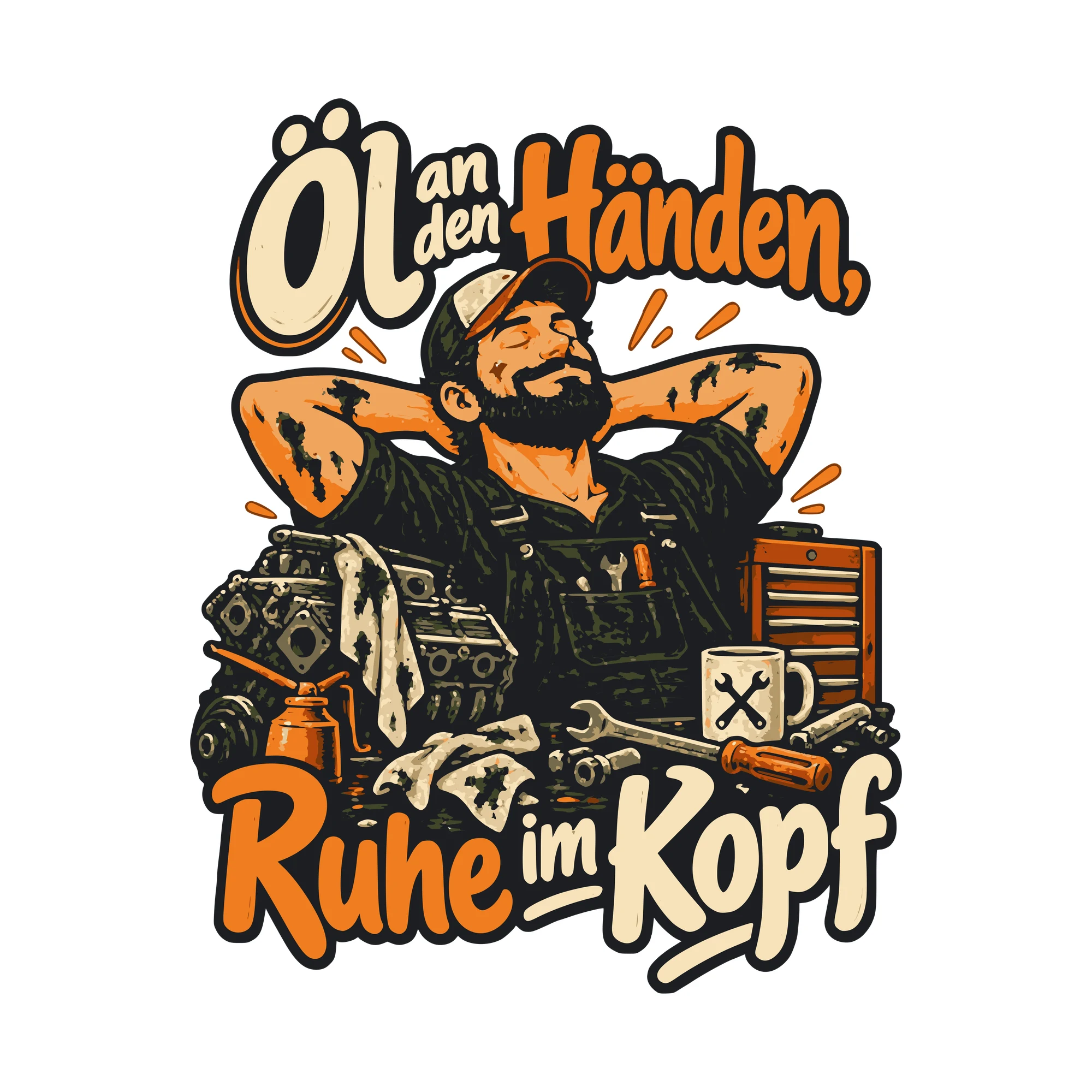 Bügelbild Öl an den Händen, Ruhe im Kopf als Grafik auf weißem Hintergrund (BB011120)