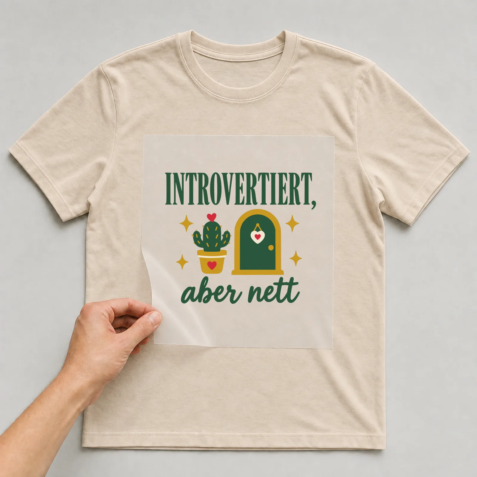 Bügelbild Introvertiert, aber nett auf beigem T-Shirt, Folie wird aufgelegt