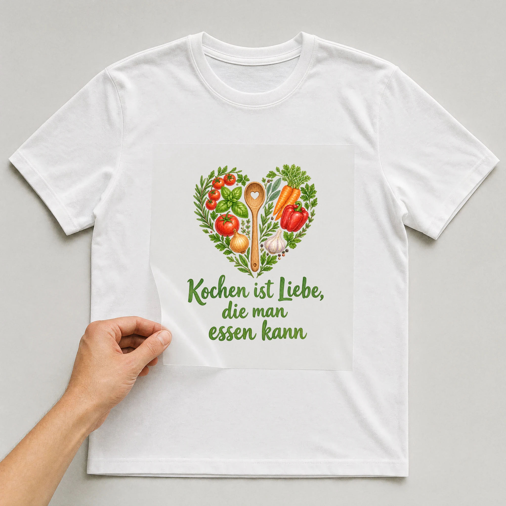 Bügelbild „Kochen ist Liebe, die man essen kann“ auf weißem T-Shirt, Folie wird aufgelegt