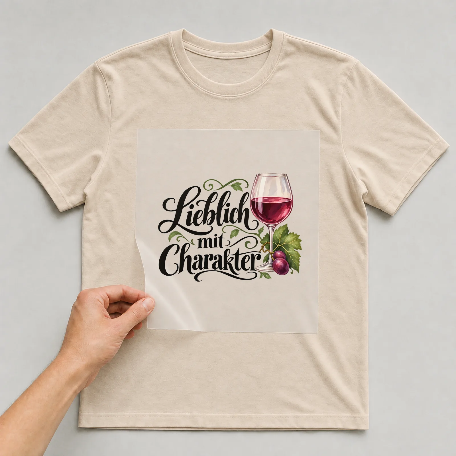 Bügelbild „Lieblich mit Charakter“ auf beigem T-Shirt, Folie wird aufgelegt
