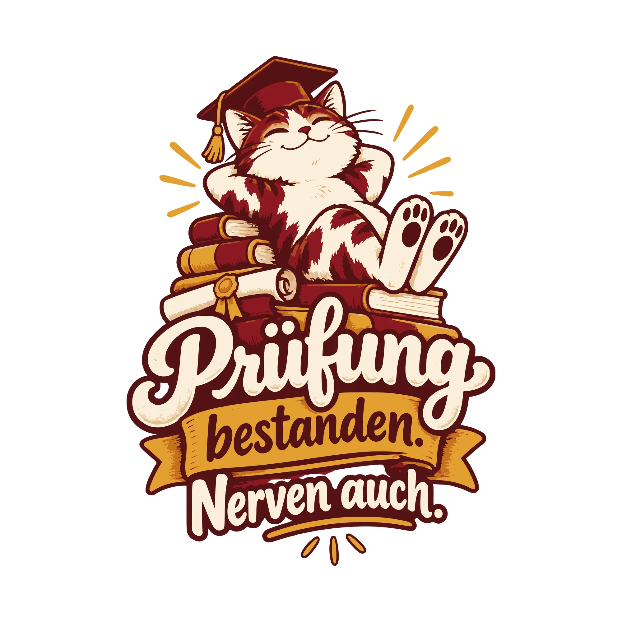 Bügelbild Prüfung bestanden. Nerven auch. als Grafik auf weißem Hintergrund (BB011127)
