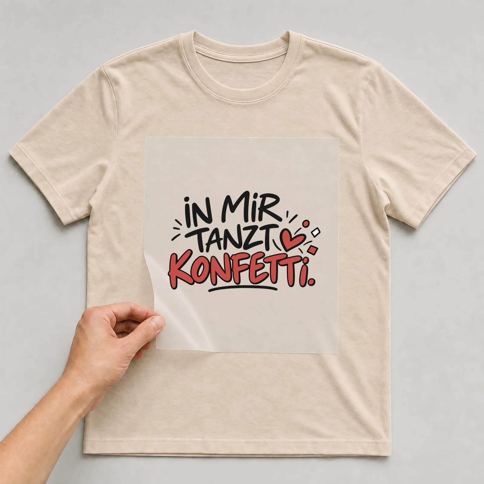 Bügelbild „In mir tanzt Konfetti“ auf beigem T-Shirt, Folie wird aufgelegt