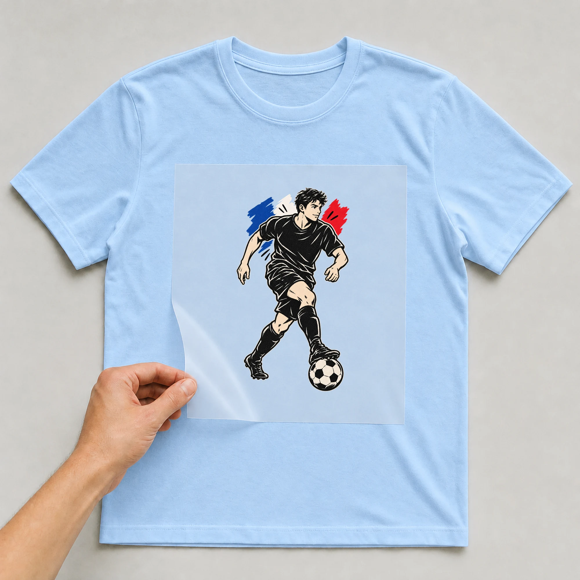 Bügelbild „Französische Fahne Fußballer Pinsel“ auf babyblauem T-Shirt, Folie wird aufgelegt