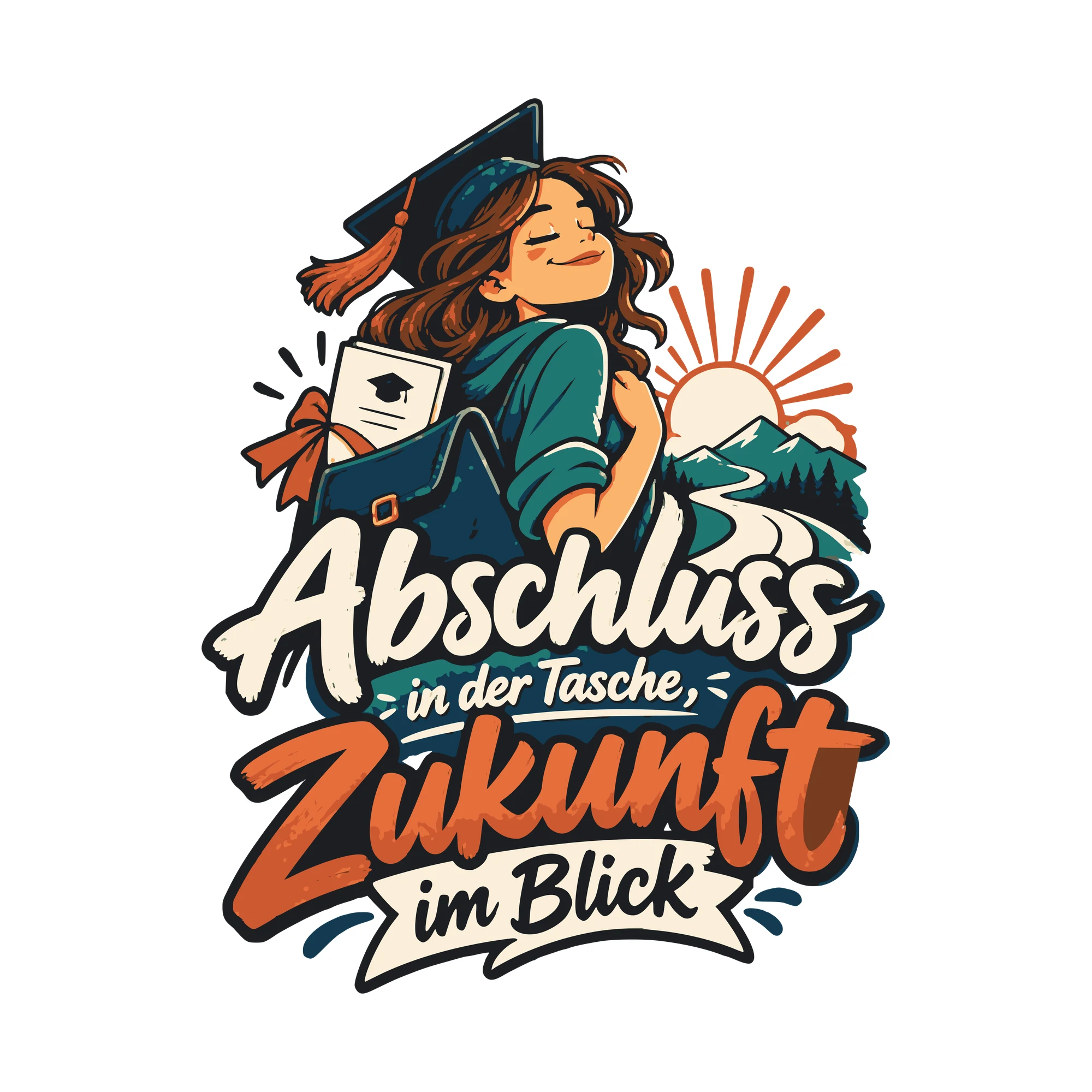 Bügelbild Abschluss in der Tasche, Zukunft im Blick als Grafik auf weißem Hintergrund (BB011131)