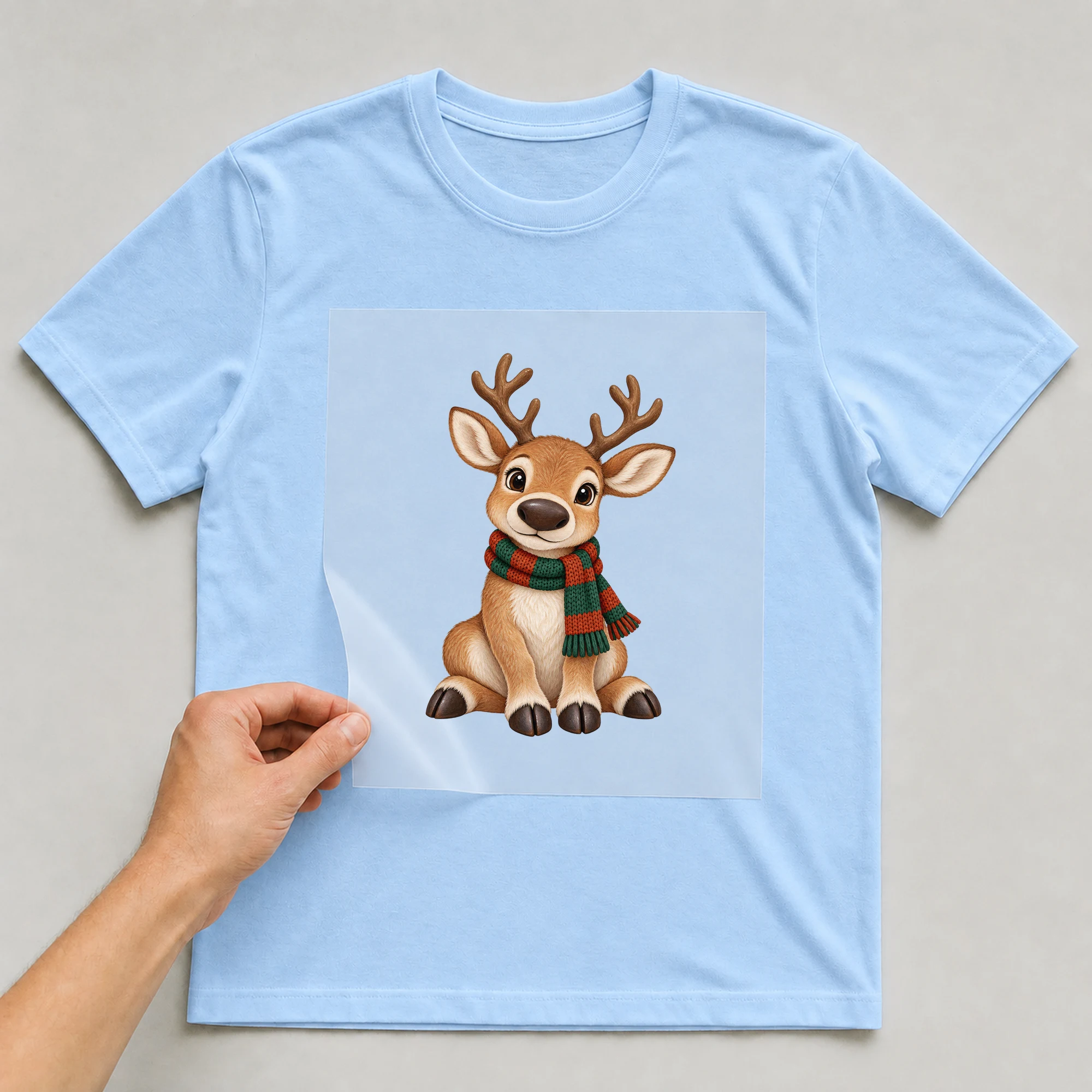 Bügelbild „Rentier“ auf babyblauem T-Shirt, Folie wird aufgelegt