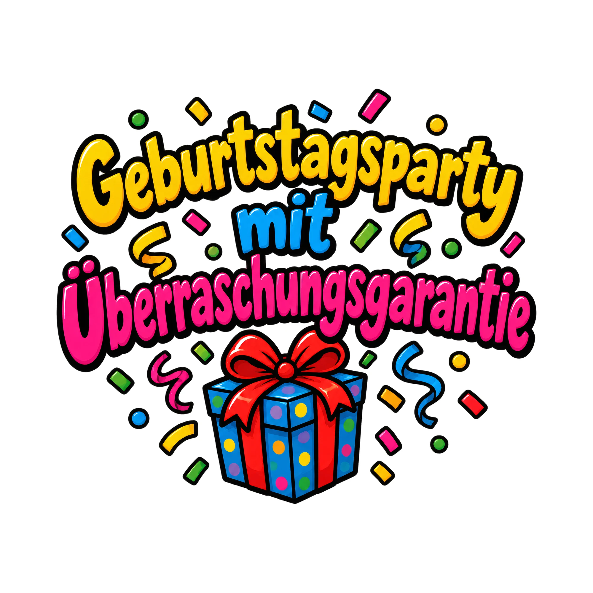 Bügelbild Geburtstagsparty mit Überraschungsgarantie, Geburtstagsshirt Spruch als Grafik auf weißem Hintergrund (BB018358)