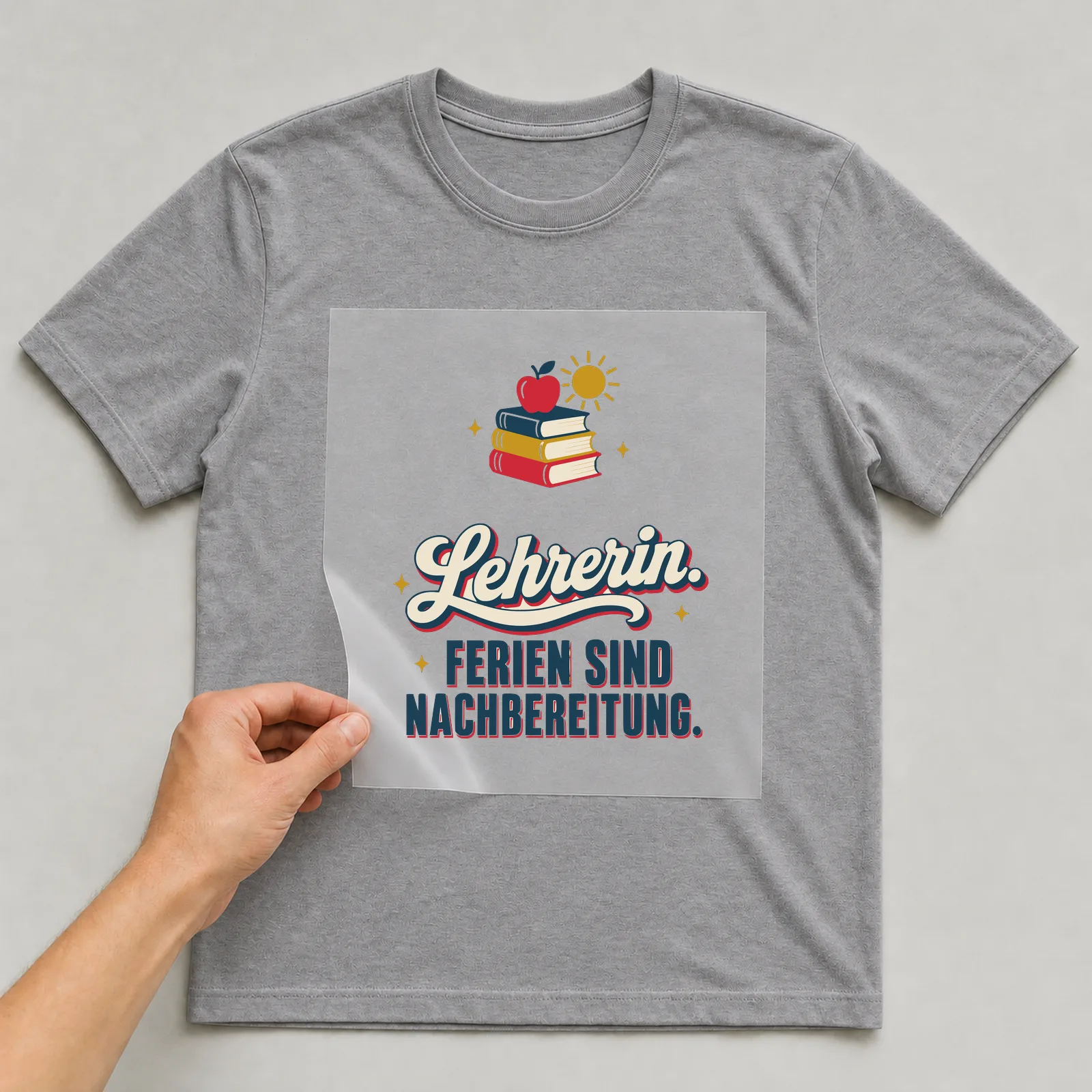 Bügelbild Lehrerin. Ferien sind Nachbereitung. auf grauem T-Shirt, Folie wird aufgelegt