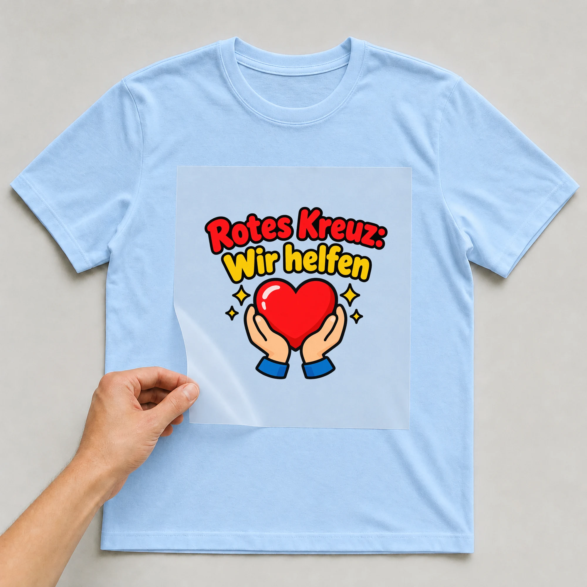 Bügelbild „Rotes Kreuz: Wir helfen“ auf babyblauem T-Shirt, Folie wird aufgelegt