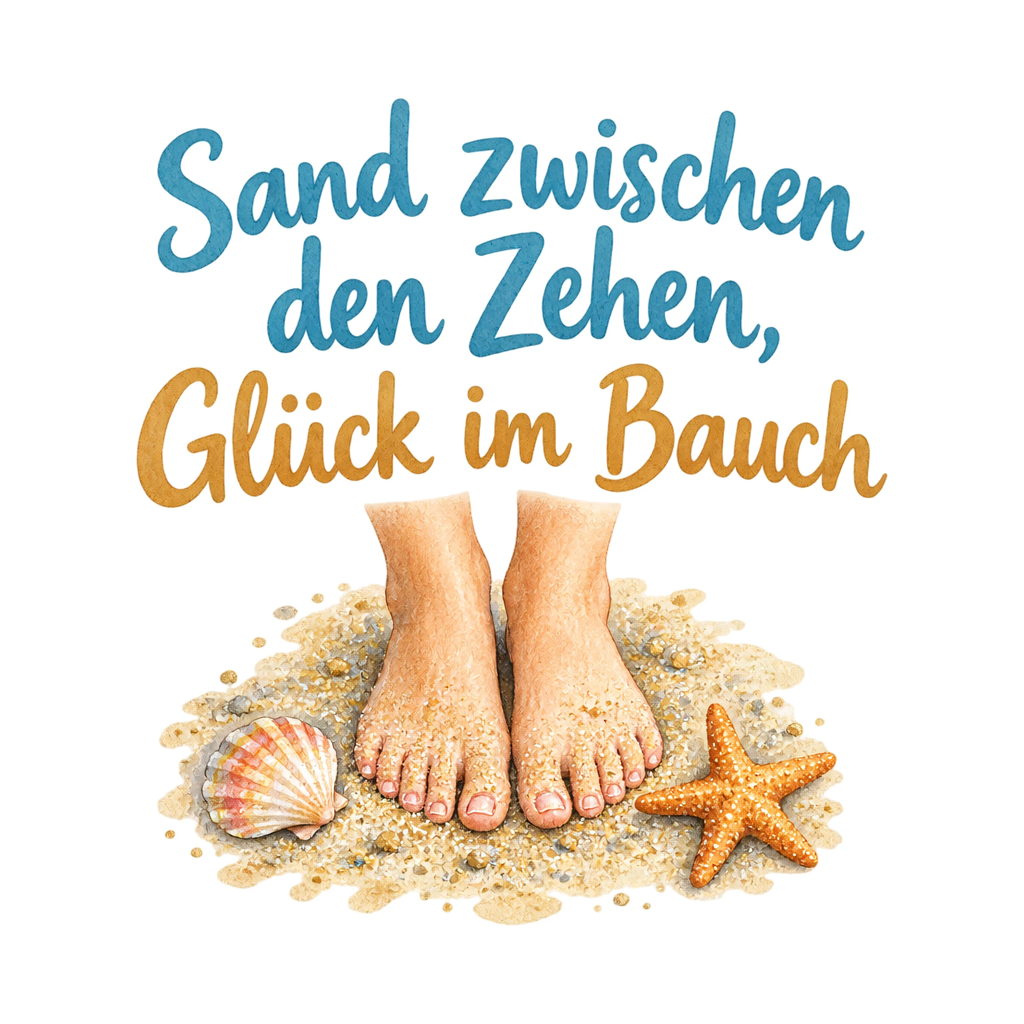 Bügelbild Sand zwischen den Zehen, Glück im Bauch als Grafik auf weißem Hintergrund (BB019661)