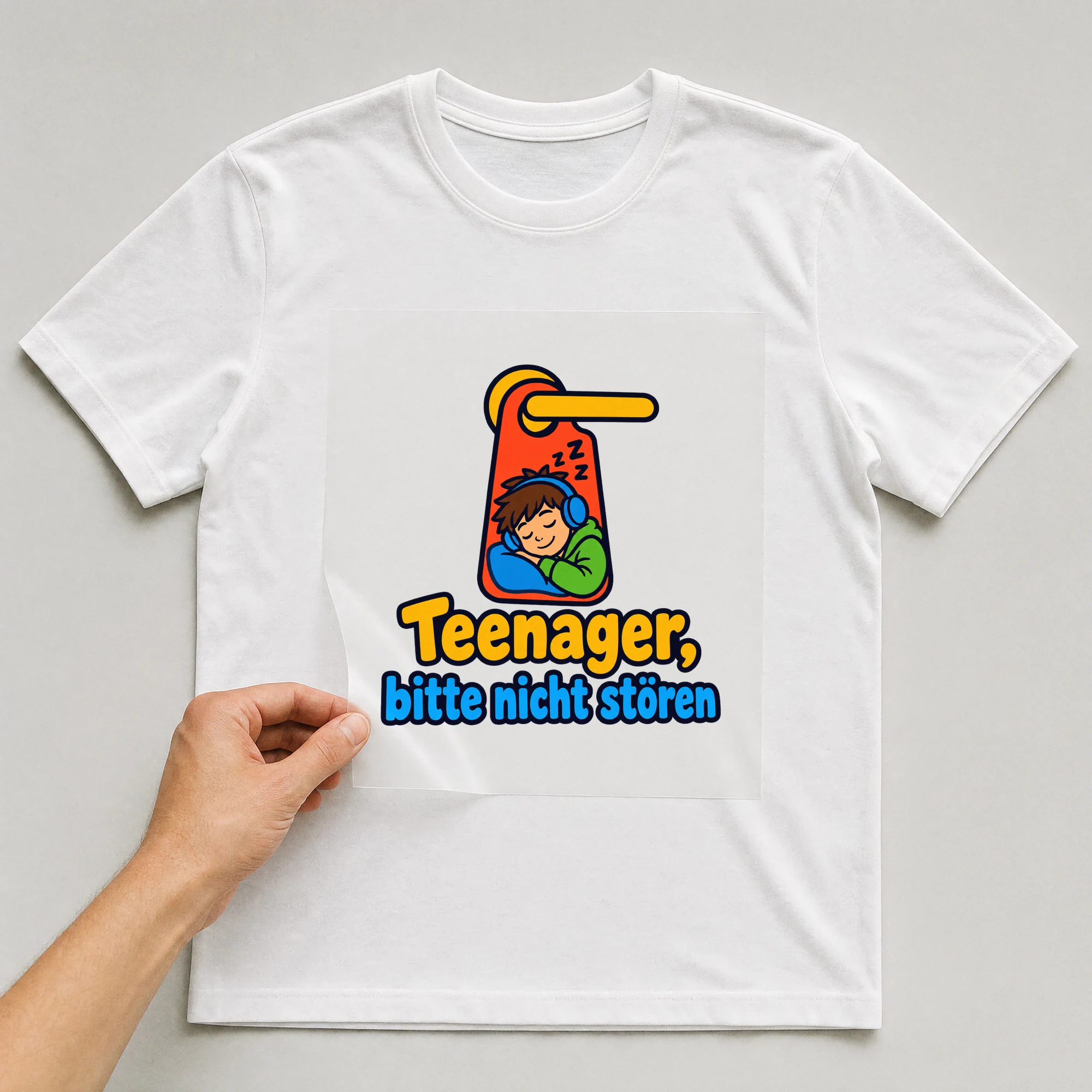 Bügelbild „Teenager, bitte nicht stören“ auf weißem T-Shirt, Folie wird aufgelegt