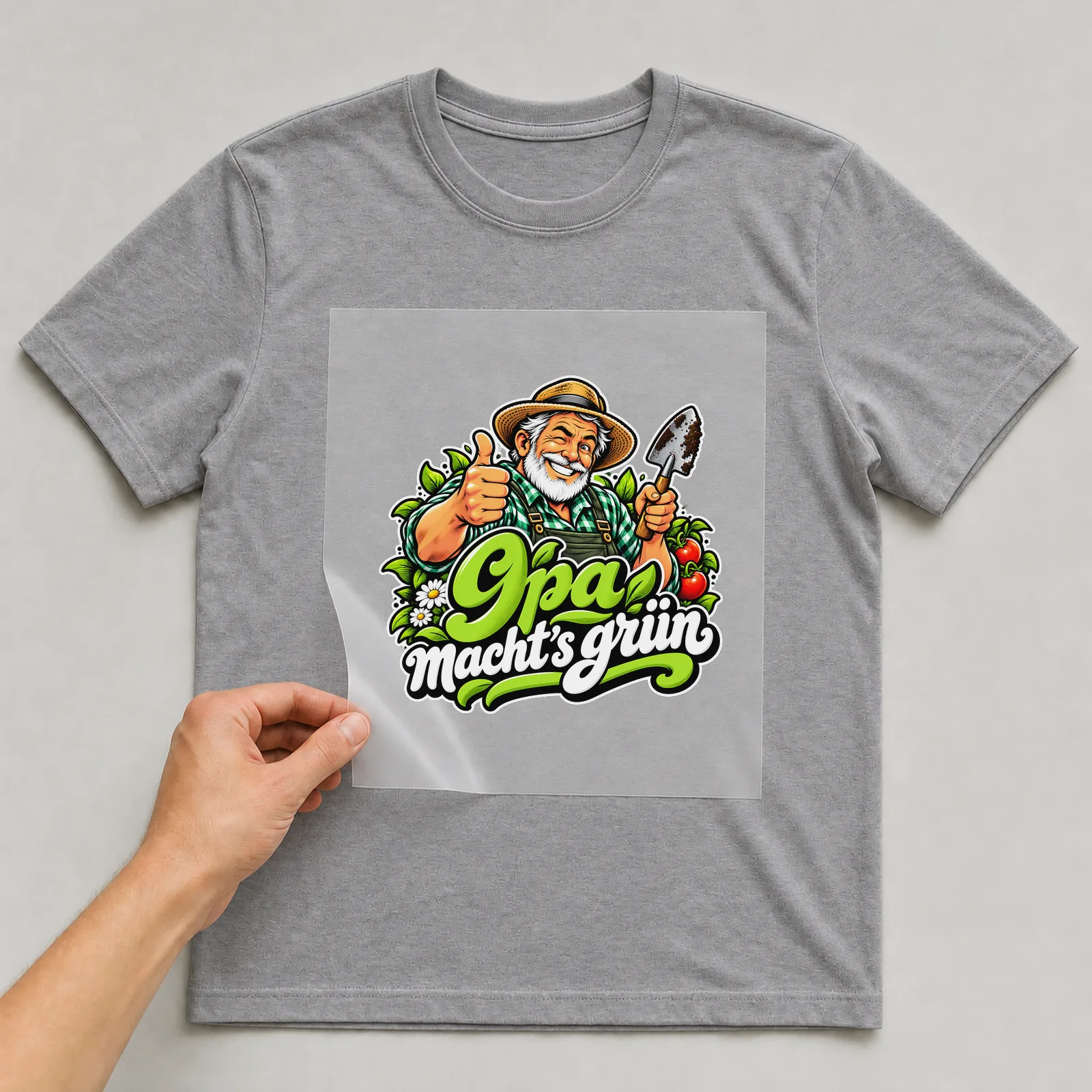 Bügelbild „Opa macht’s grün“ auf grauem T-Shirt, Folie wird aufgelegt