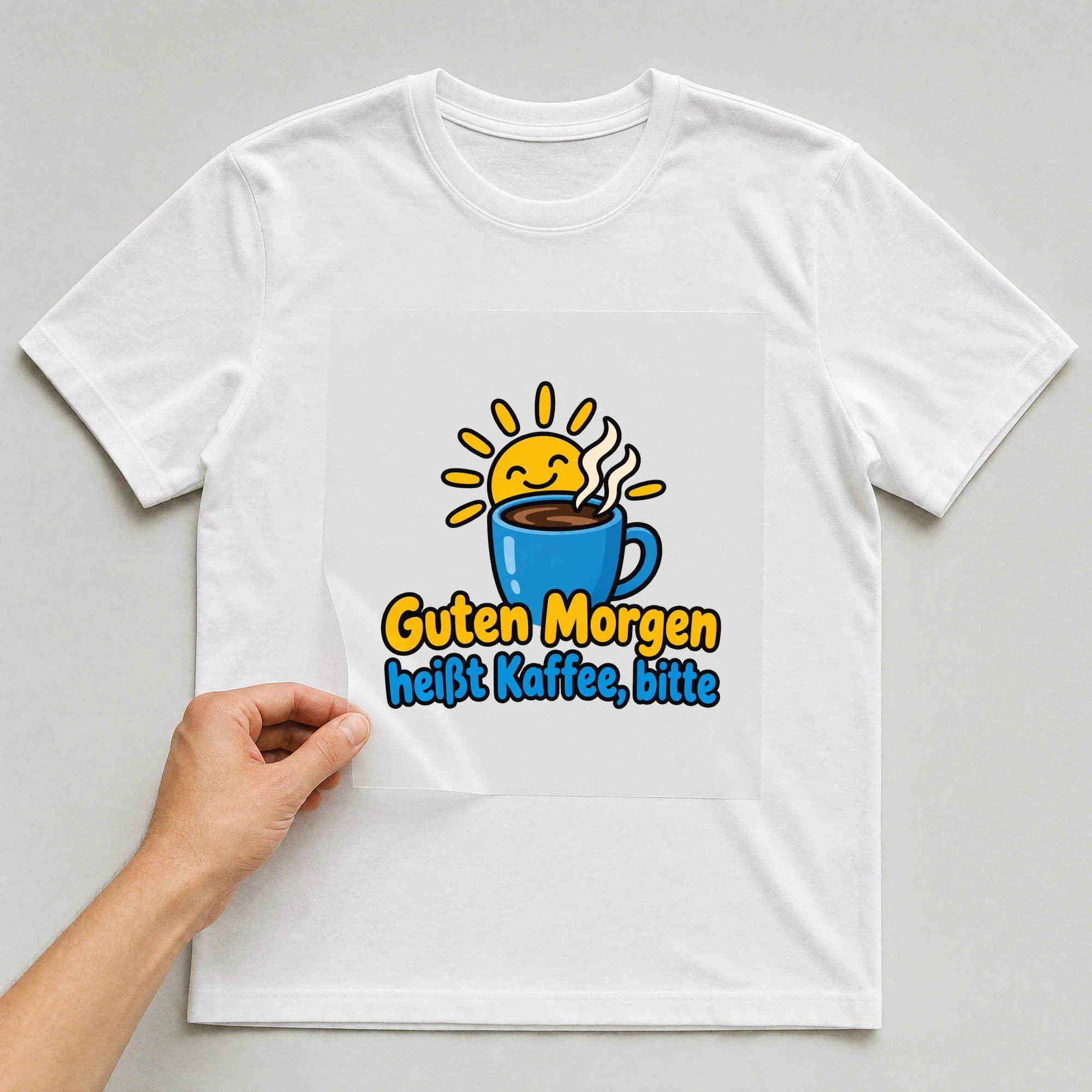 Bügelbild „Guten Morgen heißt Kaffee, bitte“ auf weißem T-Shirt, Folie wird aufgelegt