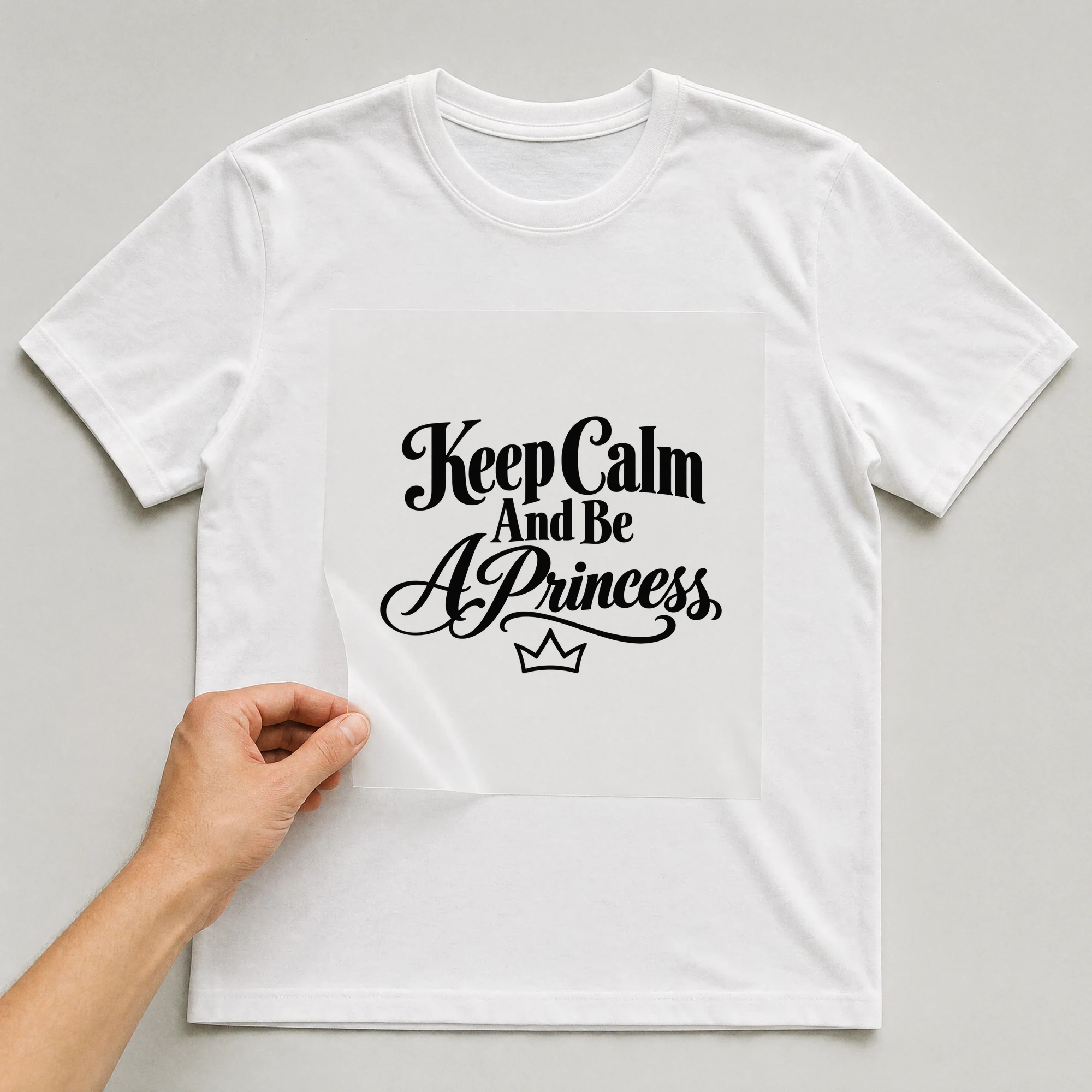 Bügelbild „Keep Calm And Be A Princess“ auf weißem T-Shirt, Folie wird aufgelegt