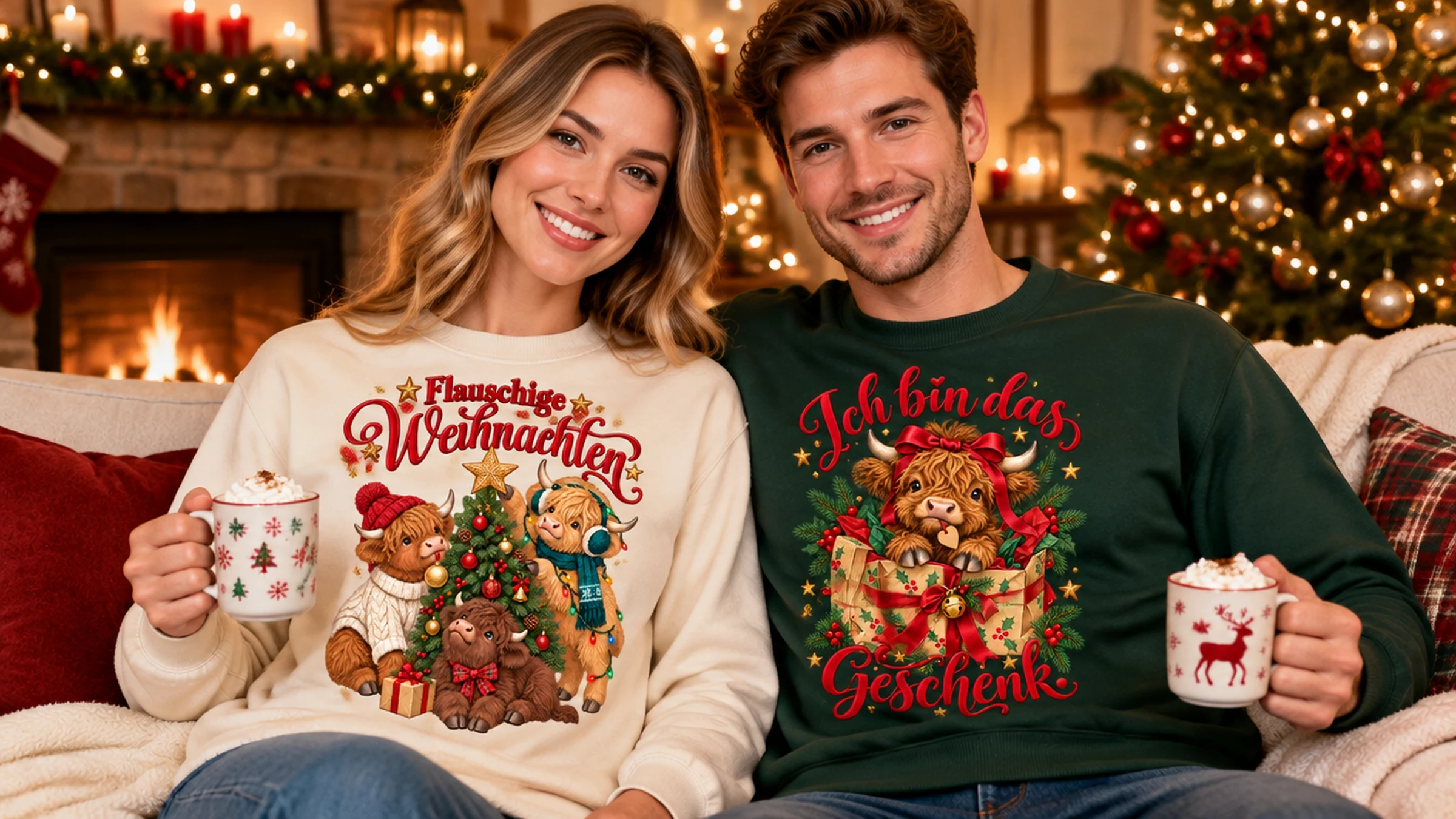 Weihnachten: Paar im Weihnachtszimmer mit den Bügelbild-Motiven Flauschige Weihnachten und Ich bin das Geschenk