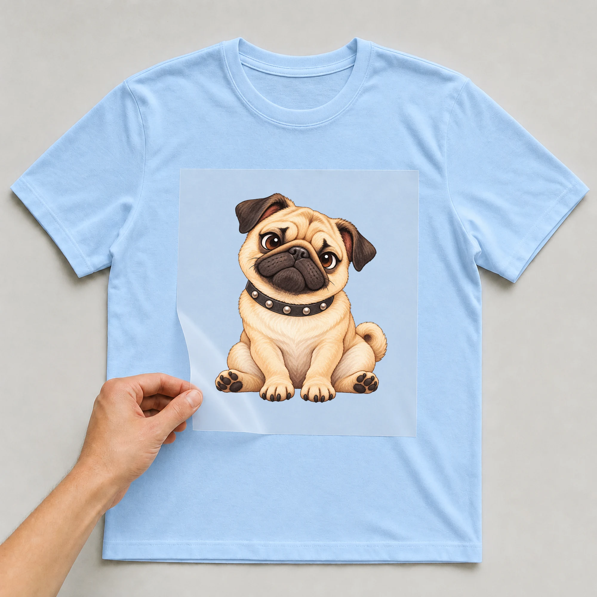 Bügelbild „Metal Hund“ auf babyblauem T-Shirt, Folie wird aufgelegt