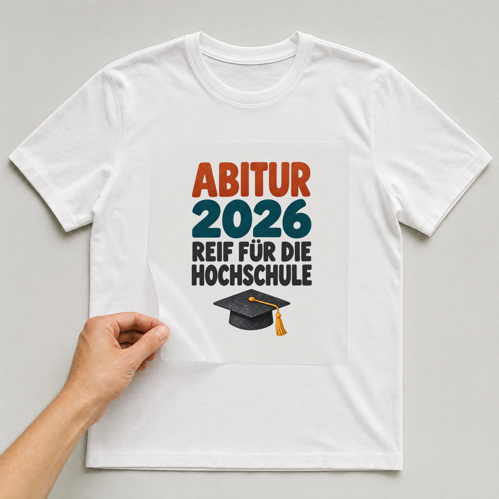 Bügelbild „Abitur 2026 reif für die Hochschule“ auf weißem T-Shirt, Folie wird aufgelegt