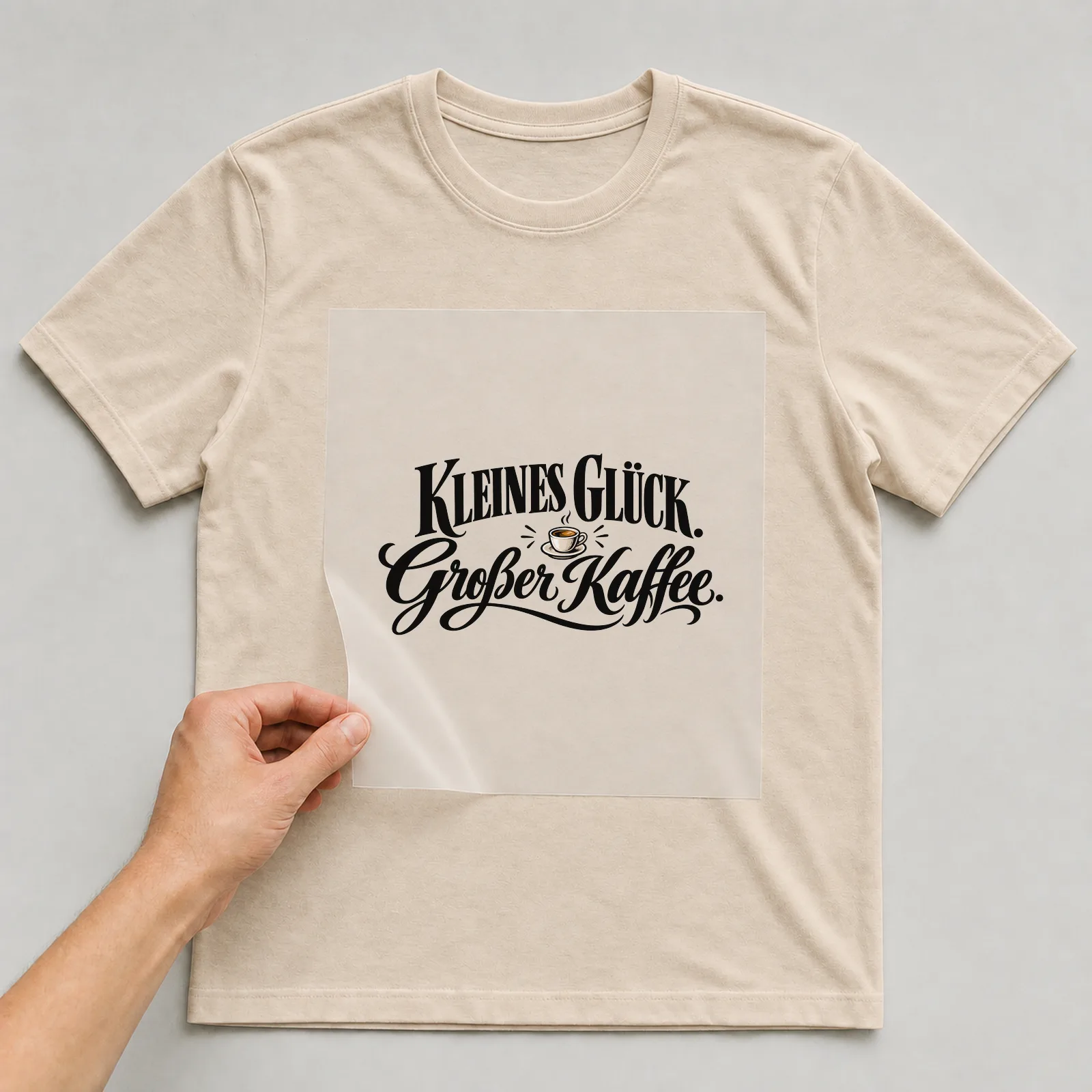 Bügelbild „Kleines Glück. Großer Kaffee.“ auf beigem T-Shirt, Folie wird aufgelegt