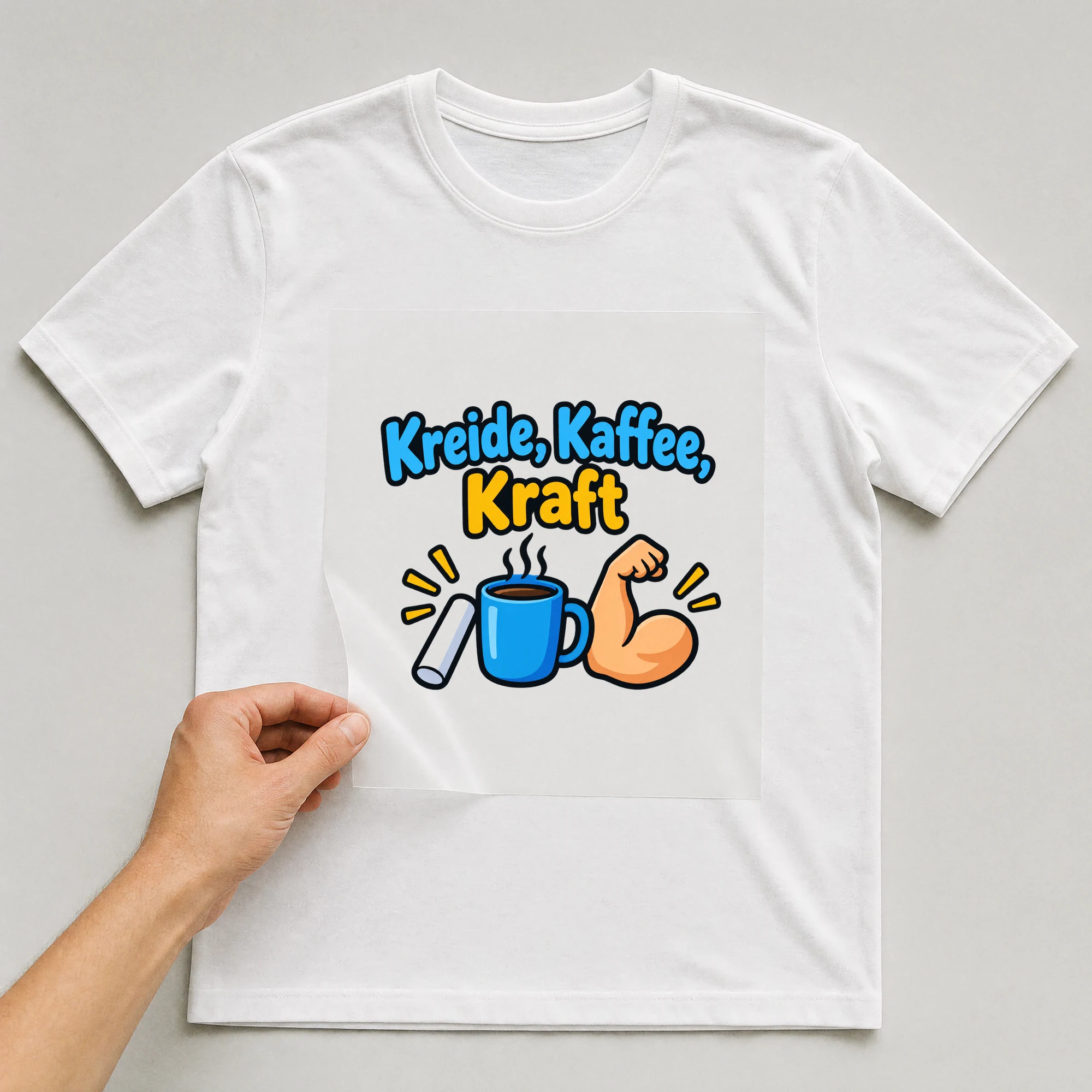 Bügelbild „Kreide, Kaffee, Kraft“ auf weißem T-Shirt, Folie wird aufgelegt
