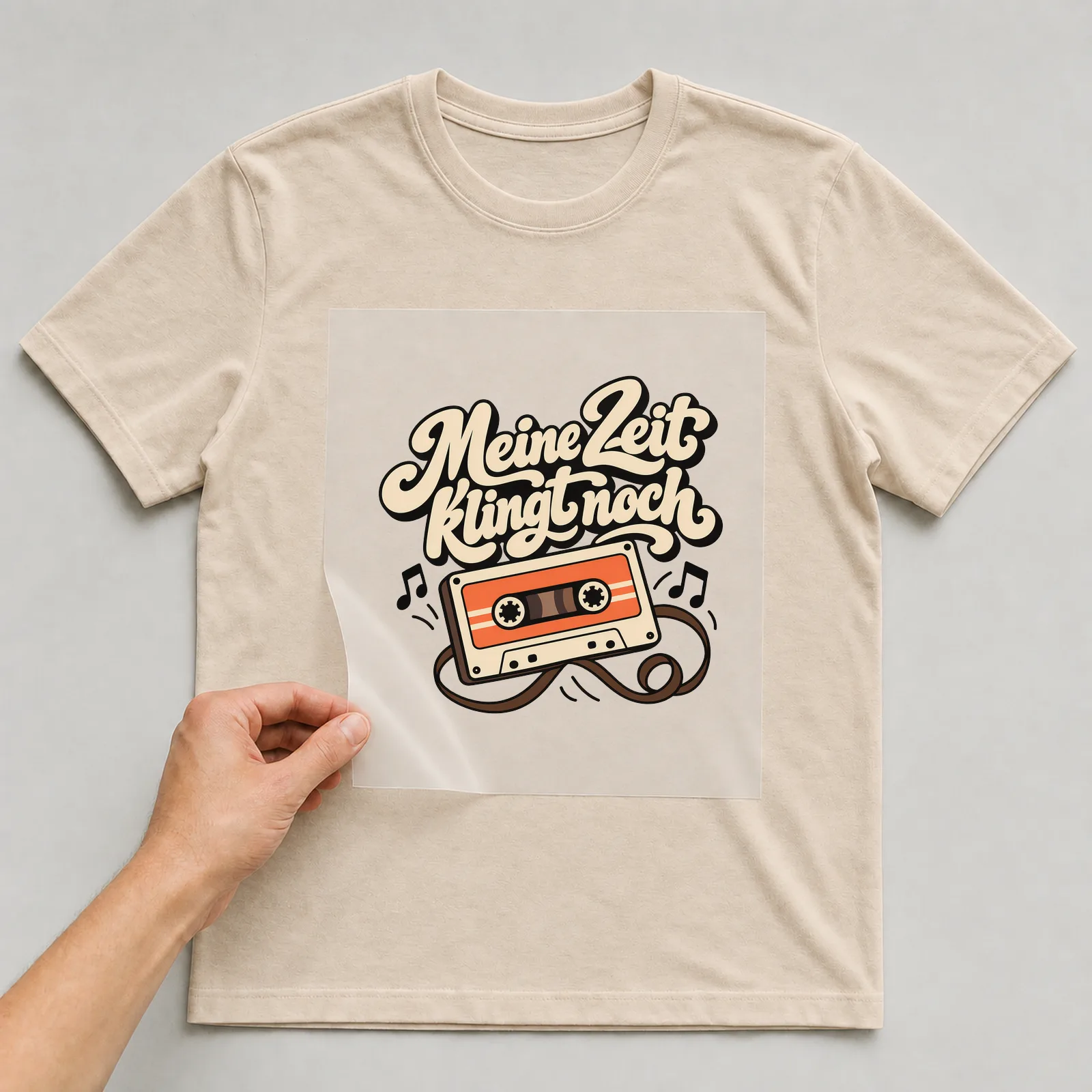 Bügelbild „Meine Zeit klingt noch“ auf beigem T-Shirt, Folie wird aufgelegt
