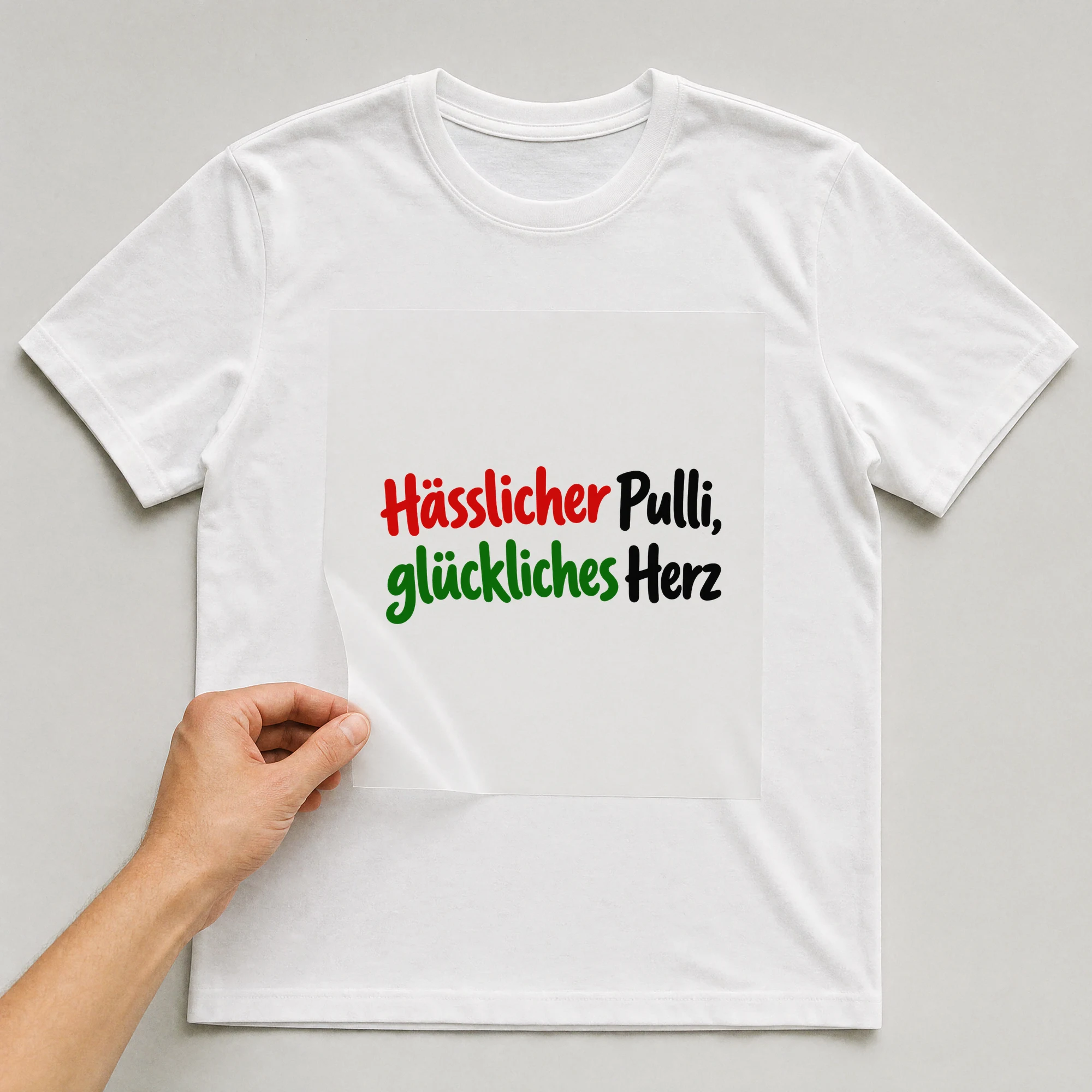 Bügelbild „Hässlicher Pulli, glückliches Herz“ auf weißem T-Shirt, Folie wird aufgelegt