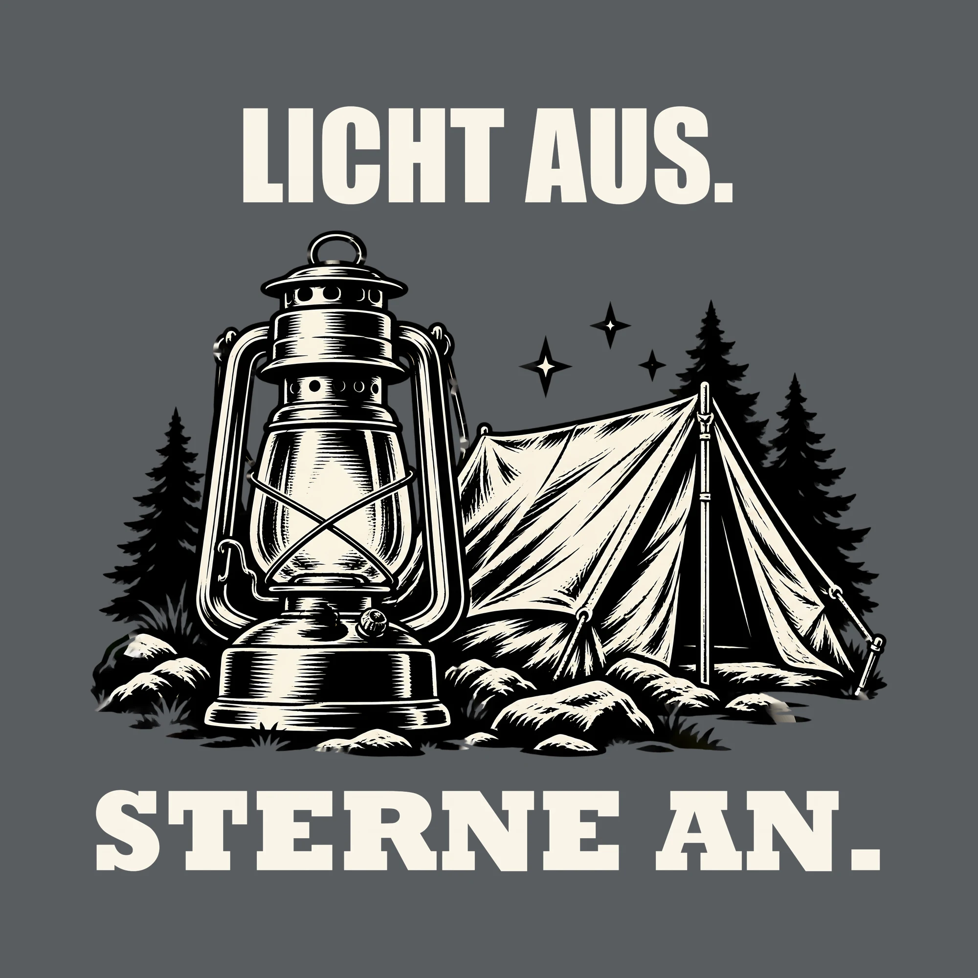 Bügelbild LICHT AUS. STERNE AN. als Grafik auf dunklem Hintergrund (BB012710)