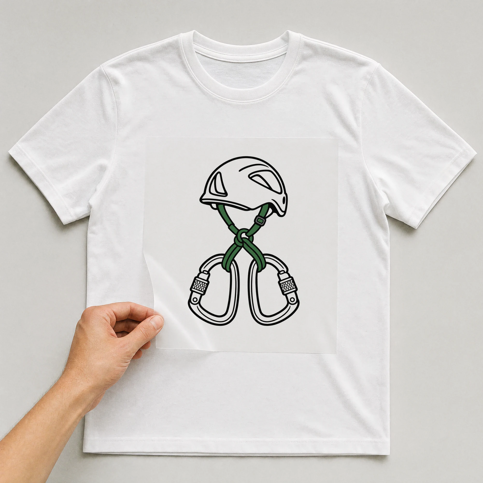 Bügelbild „Kletterer Ausrüstung“ auf weißem T-Shirt, Folie wird aufgelegt