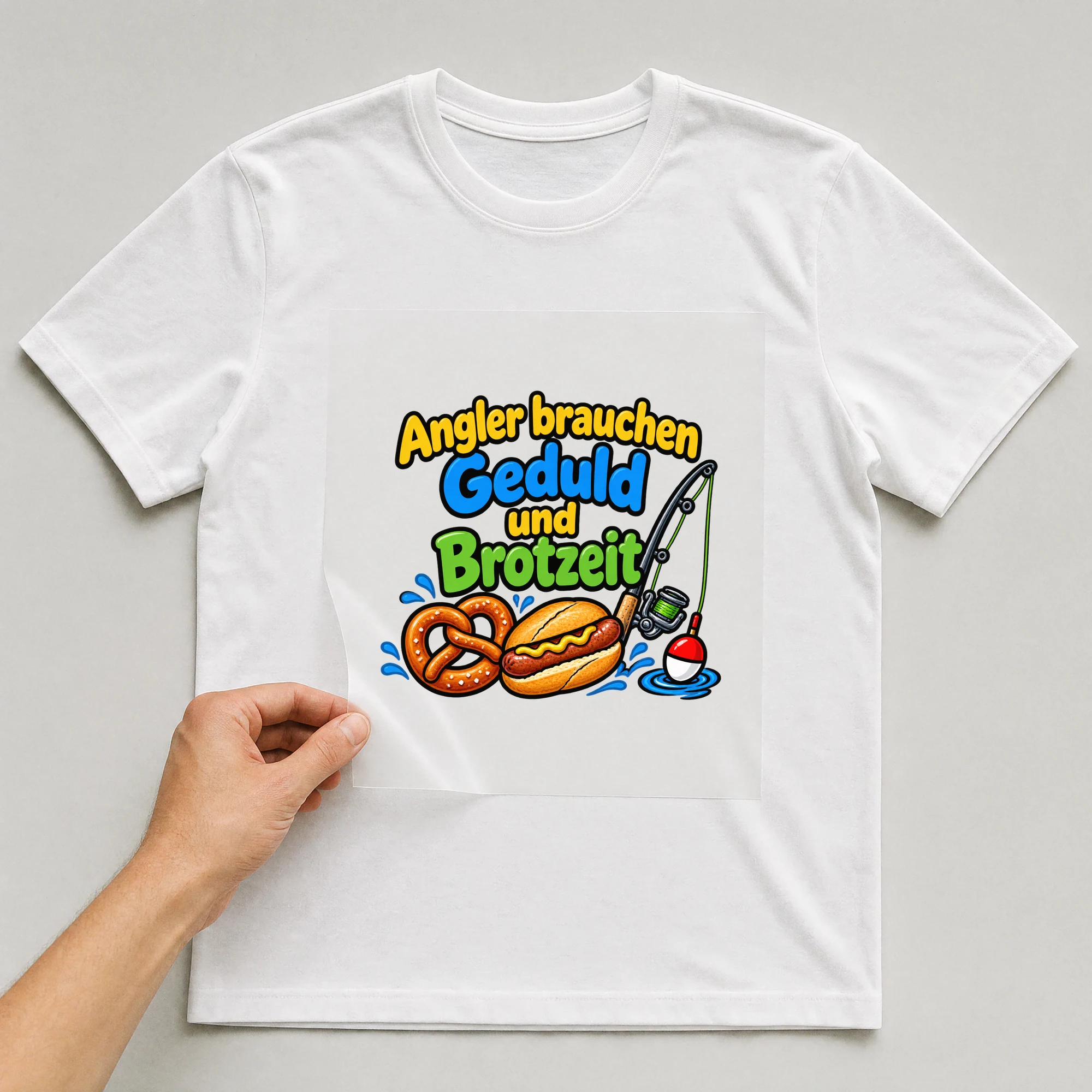 Bügelbild „Angler brauchen Geduld und Brotzeit“ auf weißem T-Shirt, Folie wird aufgelegt