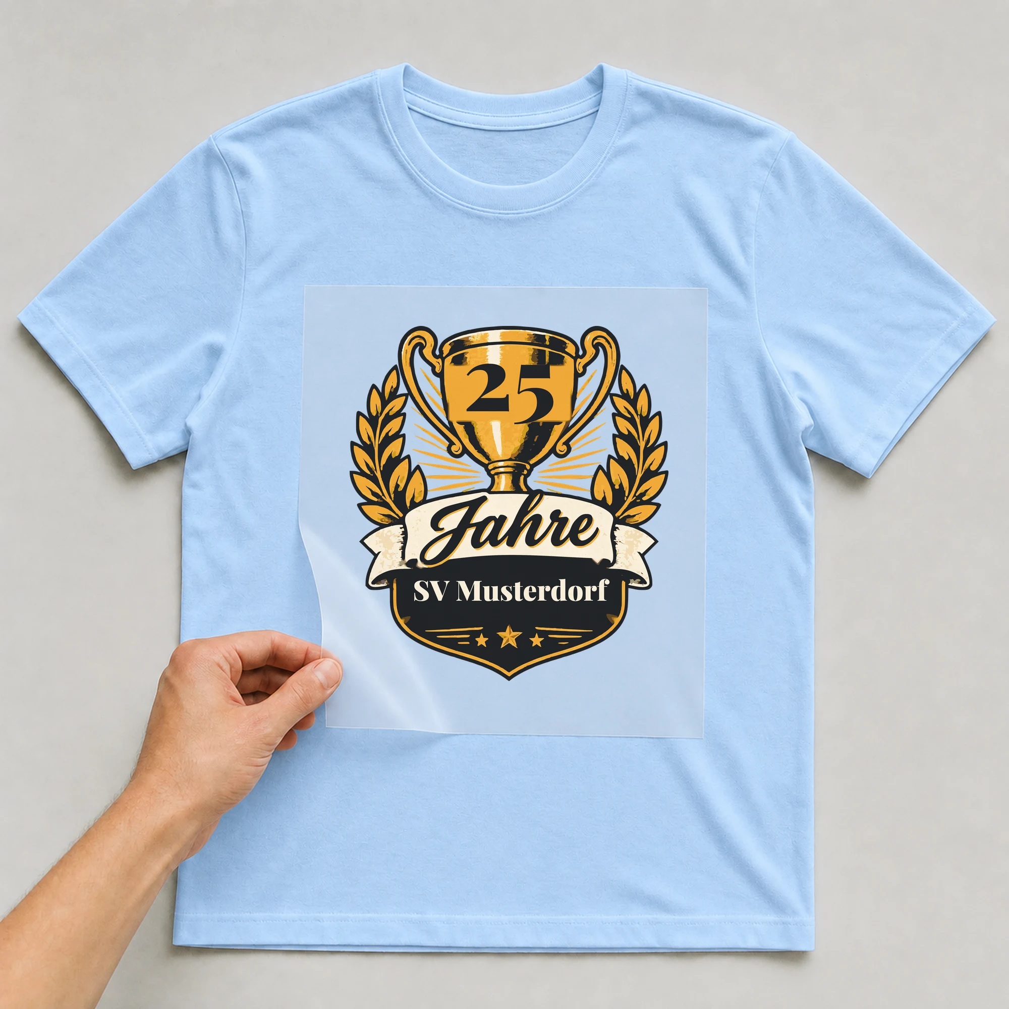 Bügelbild Vereinsjubiläum mit Zahl und Vereinsname auf hellblauem T-Shirt, Folie wird aufgelegt