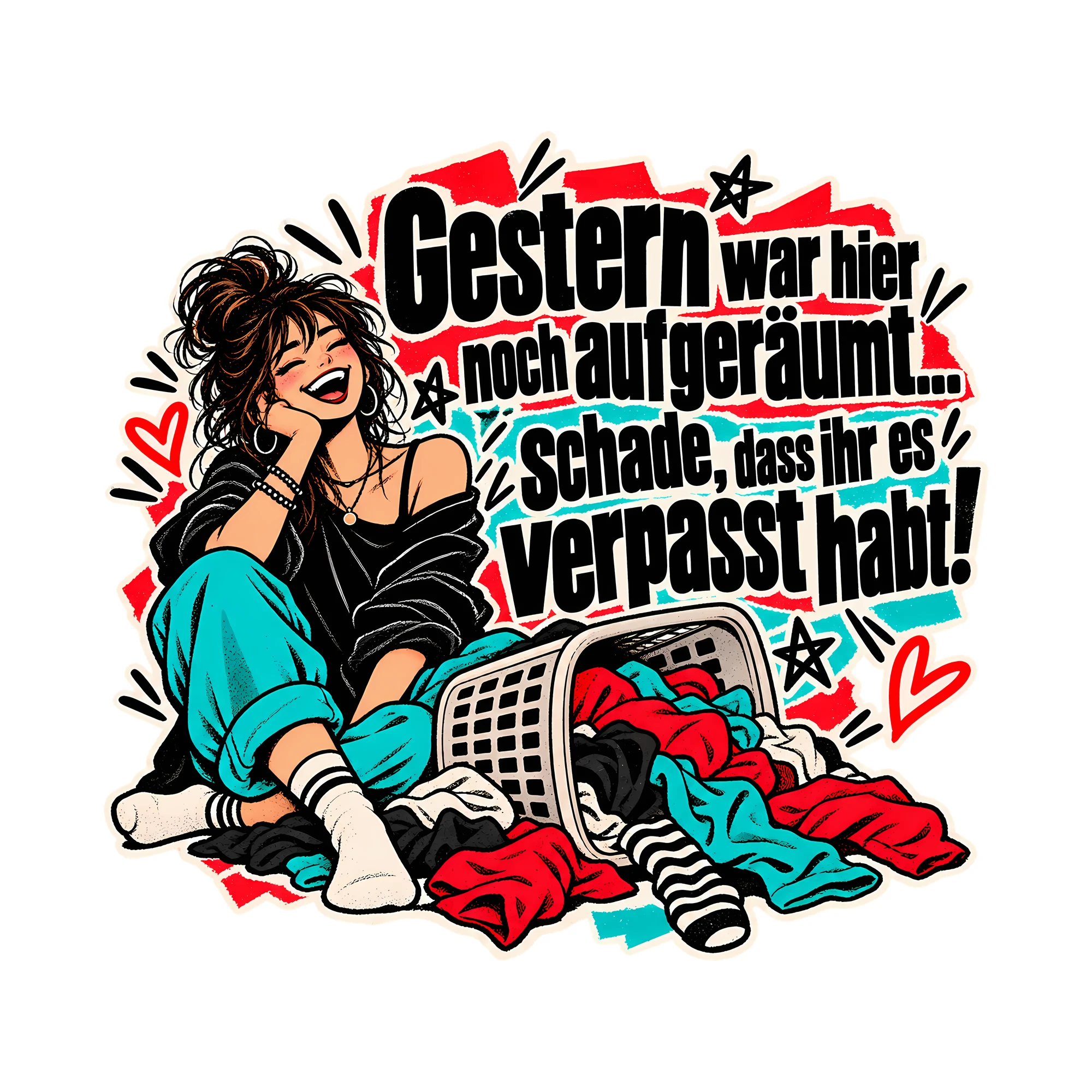 Bügelbild Gestern war hier noch aufgeräumt., Lustiger Shirt Spruch als Grafik auf weißem Hintergrund (BB014665)