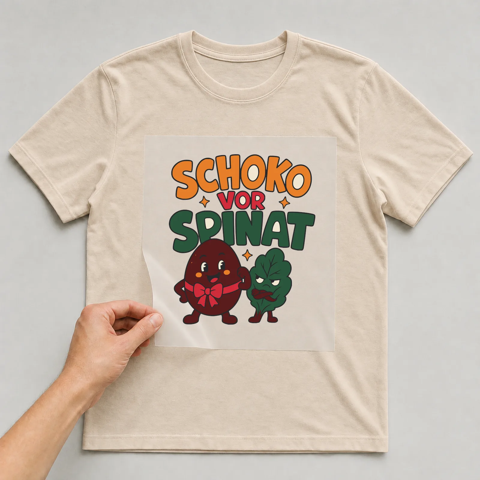 Bügelbild Schoko vor Spinat auf beigem T-Shirt, Folie wird aufgelegt