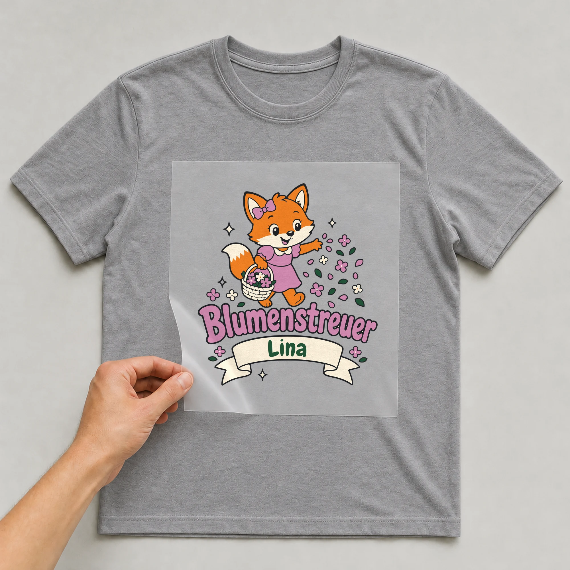 Bügelbild Blumenstreuer mit Name auf grauem T-Shirt, Folie wird aufgelegt
