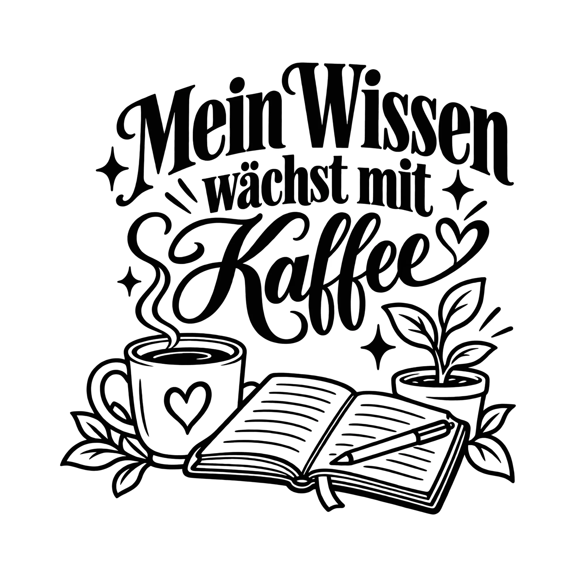 Bügelbild Mein Wissen wächst mit Kaffee als Grafik auf weißem Hintergrund (BB012234)