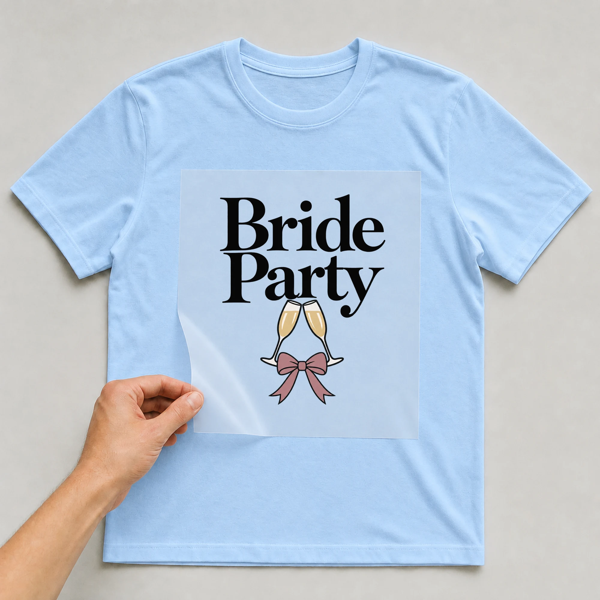 Bügelbild „Bride Party“ auf babyblauem T-Shirt, Folie wird aufgelegt