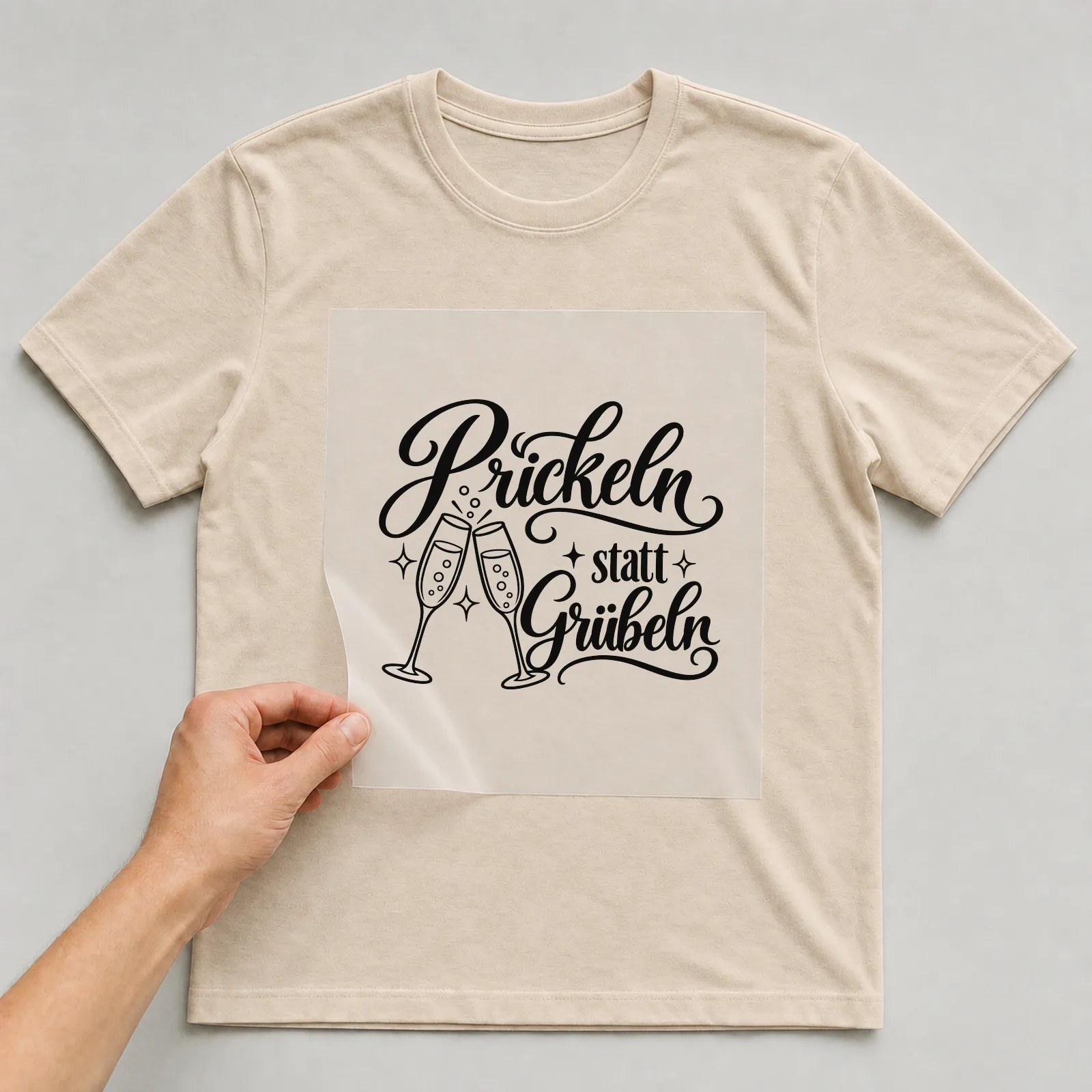 Bügelbild „Prickeln statt Grübeln“ auf beigem T-Shirt, Folie wird aufgelegt
