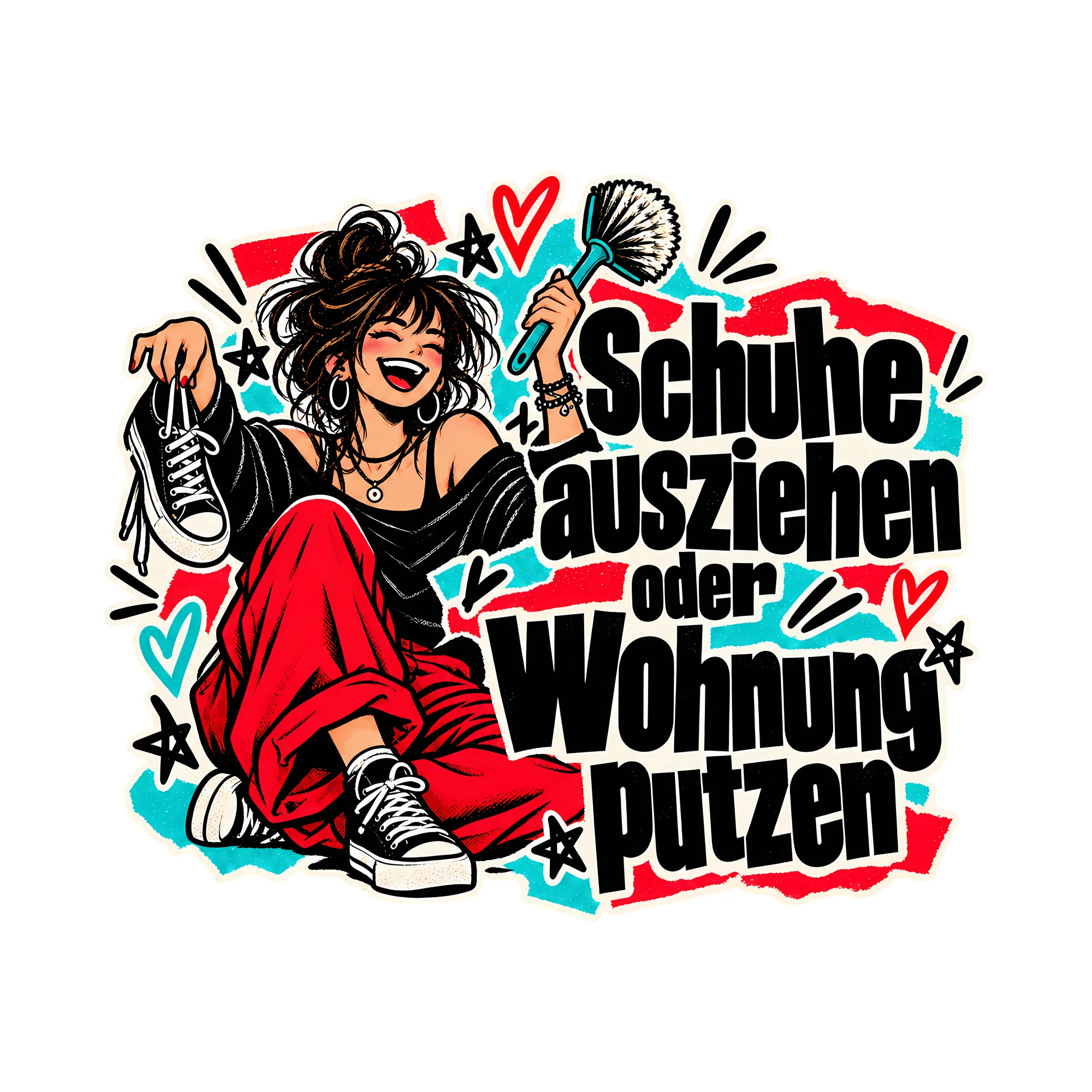 Bügelbild Schuhe ausziehen oder Wohnung putzen, Lustiger Shirt Spruch als Grafik auf weißem Hintergrund (BB014718)