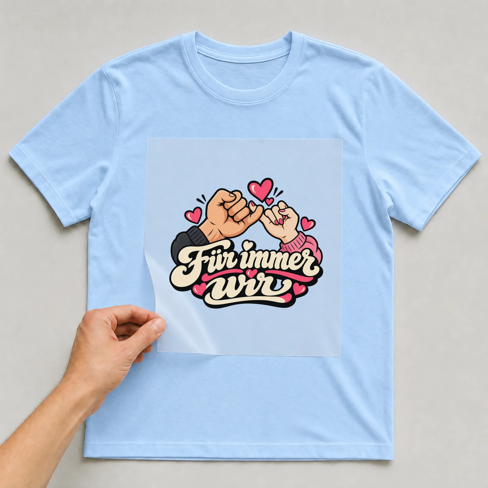 Bügelbild „Für immer wir“ (knallbunten Comic-Stil) auf hellblauem T-Shirt, Folie wird aufgelegt