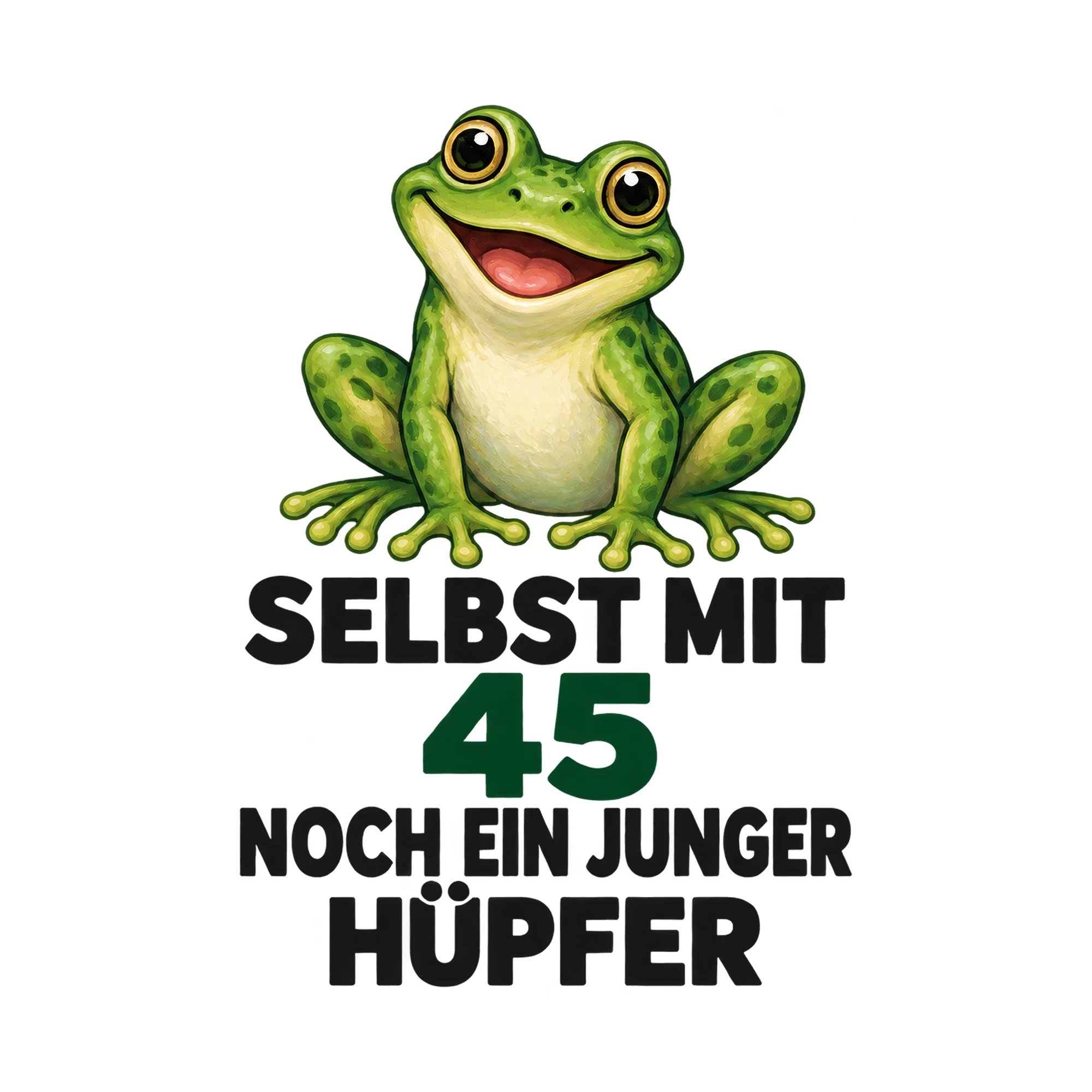 Bügelbild Selbst mit 45 noch ein junger Hüpfer, Lustiger Shirt Spruch als Grafik auf weißem Hintergrund (BB018176)