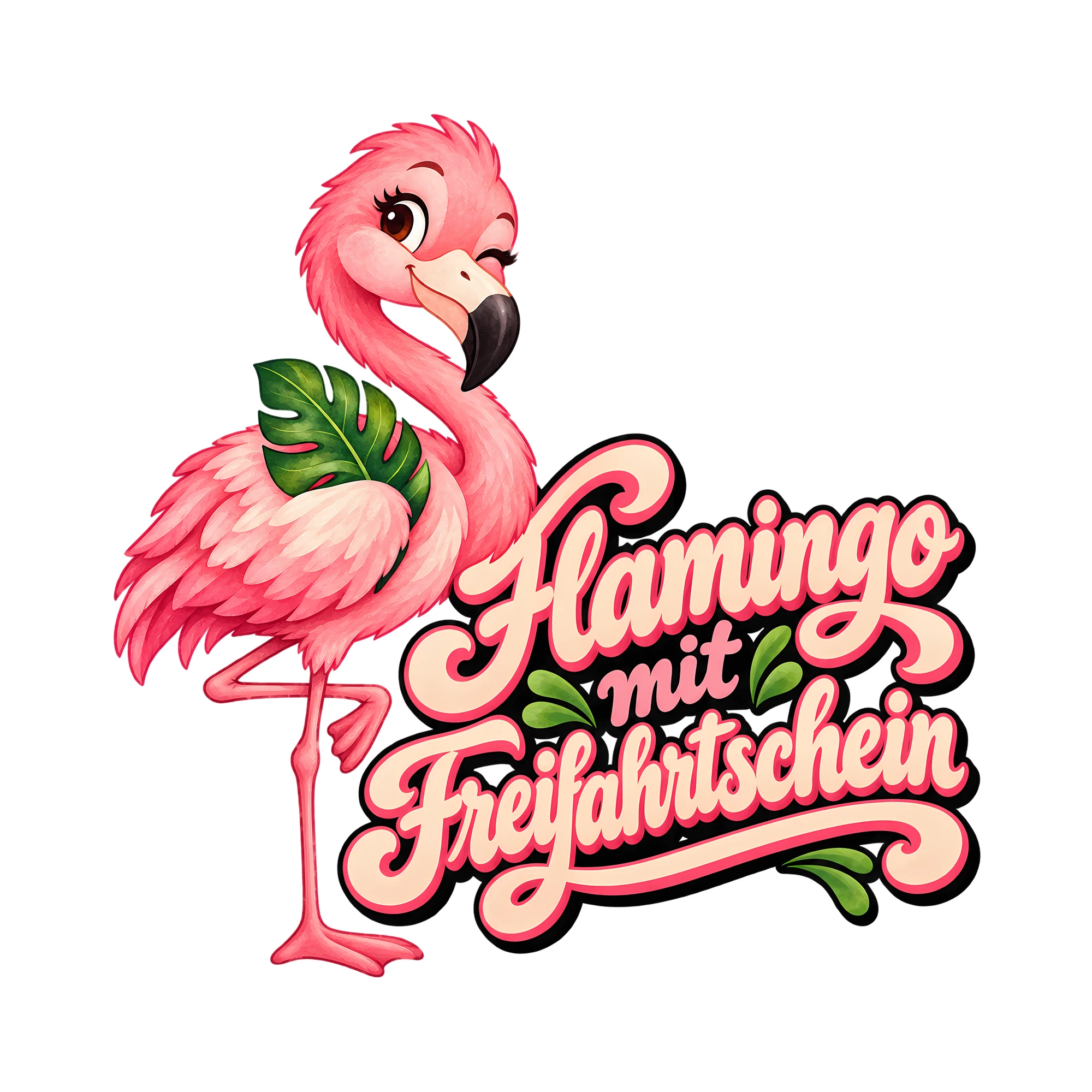 Bügelbild Flamingo mit Freifahrtschein als Grafik auf weißem Hintergrund (BB013041)