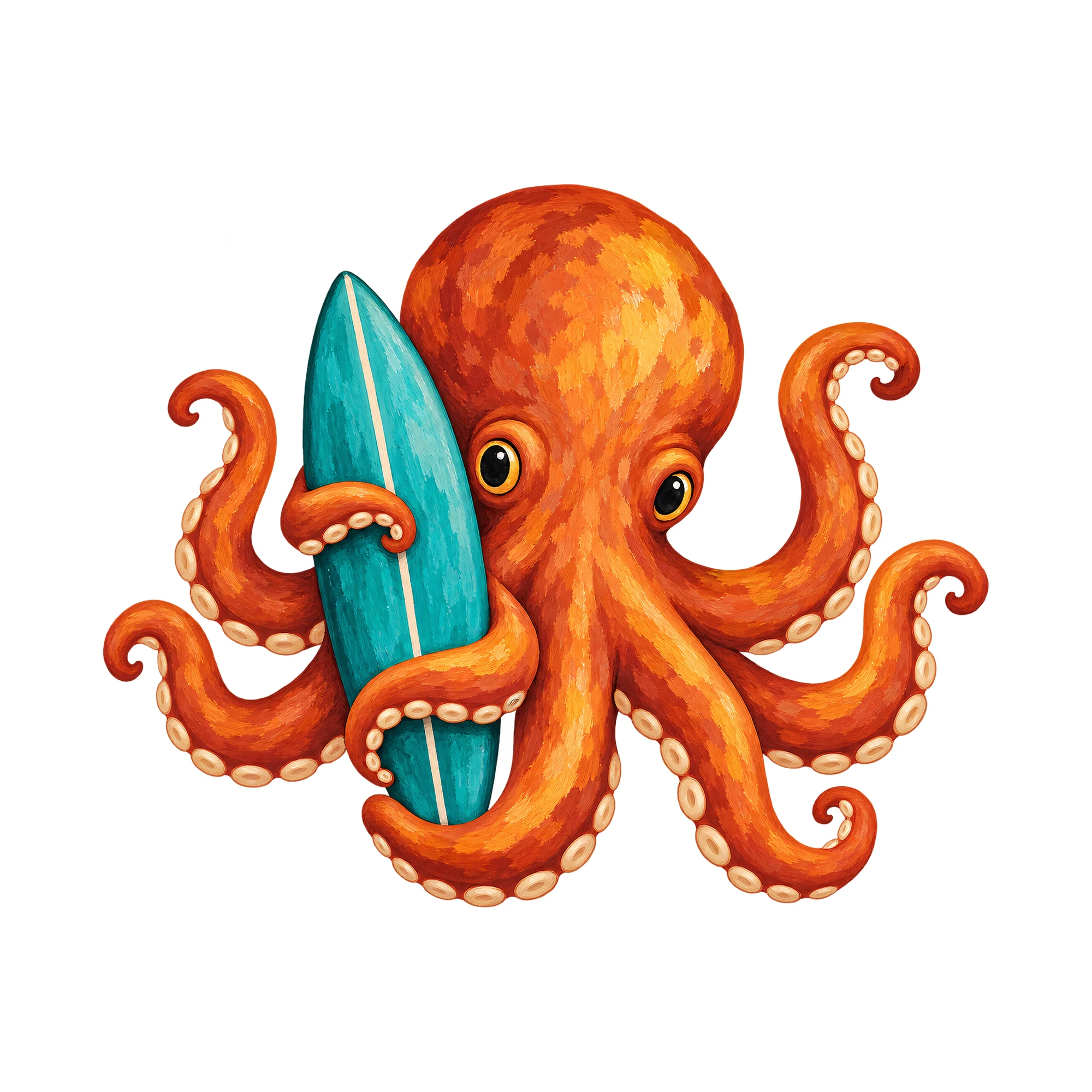 Bügelbild Surfing Octopus, Lustiger Shirt Motiv als Grafik auf weißem Hintergrund (BB015371)